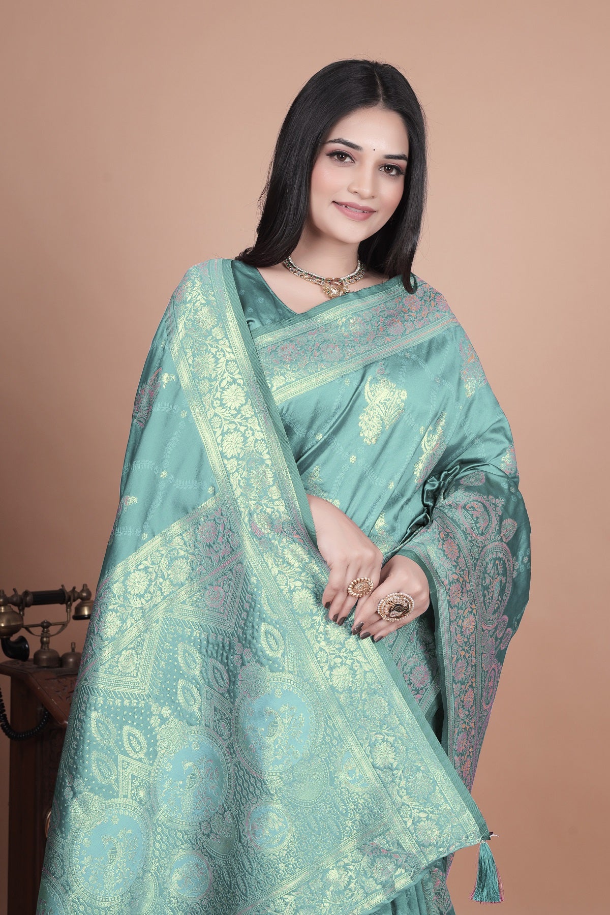 Teal Green Banarasi Silk Saree with Intricate Zari Motifs & Peacock Design