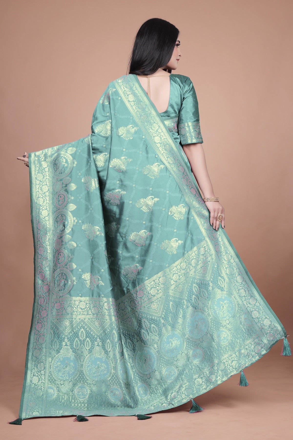Teal Green Banarasi Silk Saree with Intricate Zari Motifs & Peacock Design