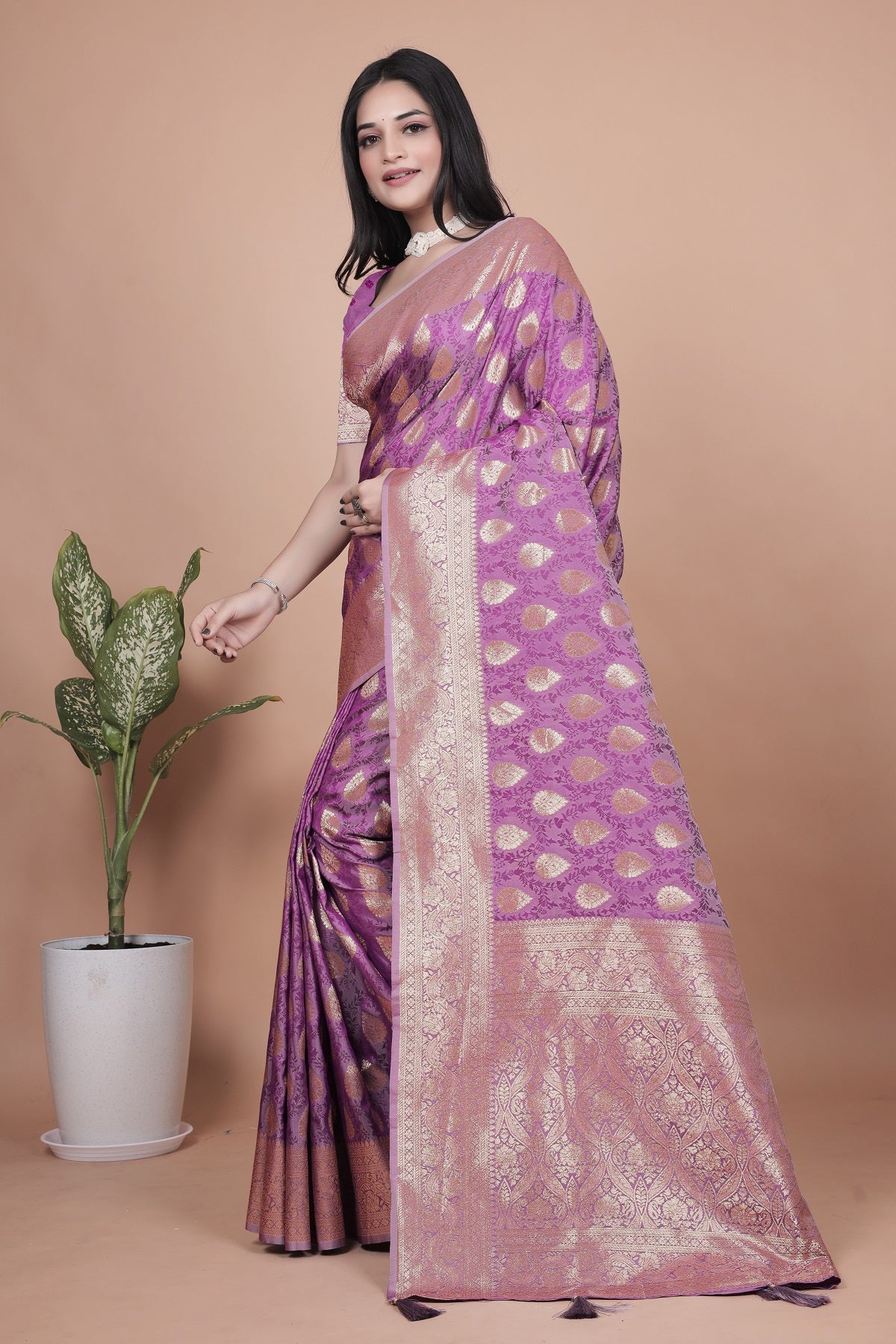 Purple Banarasi Silk Saree with Golden Zari Work & Tassel Border