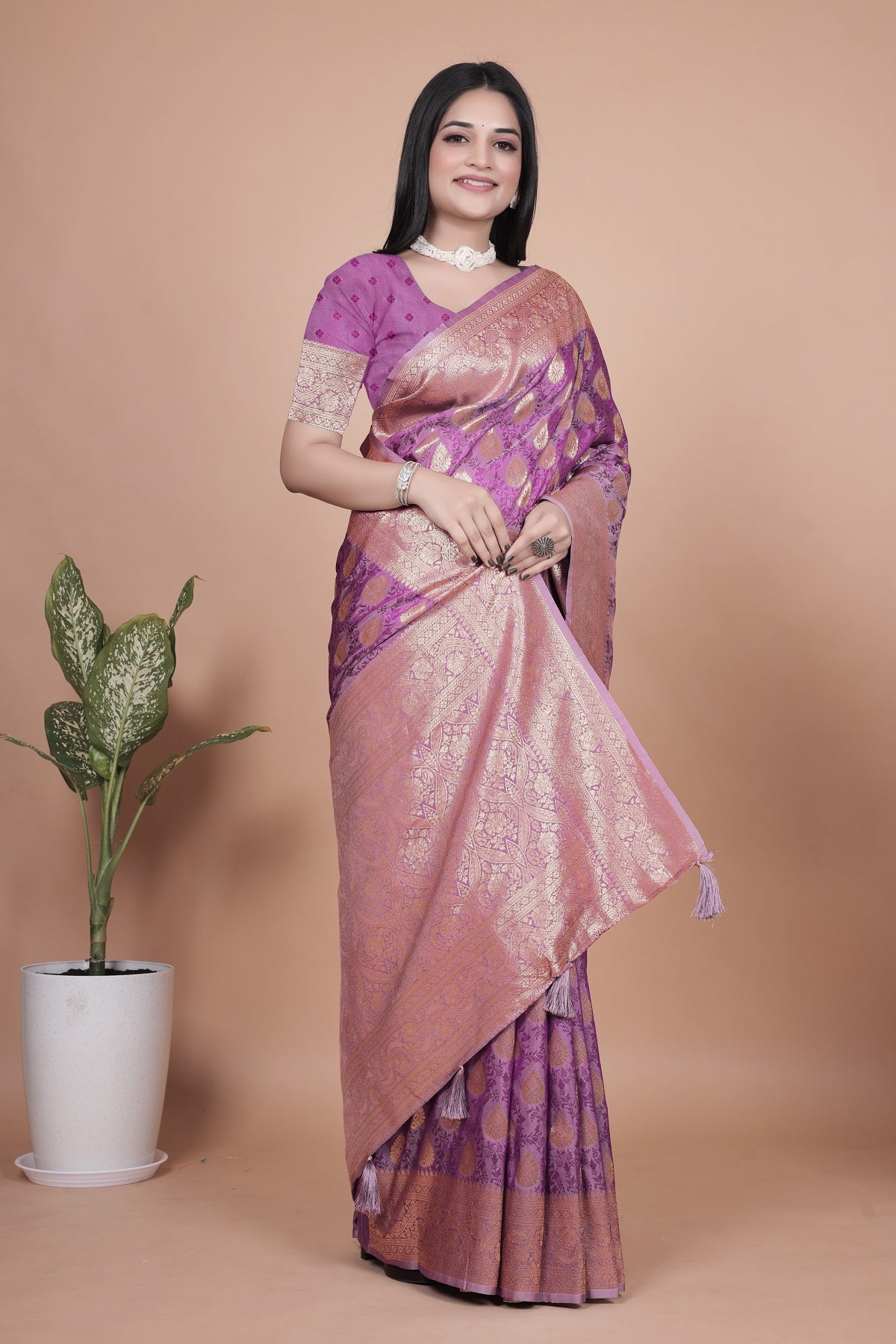 Purple Banarasi Silk Saree with Golden Zari Work & Tassel Border