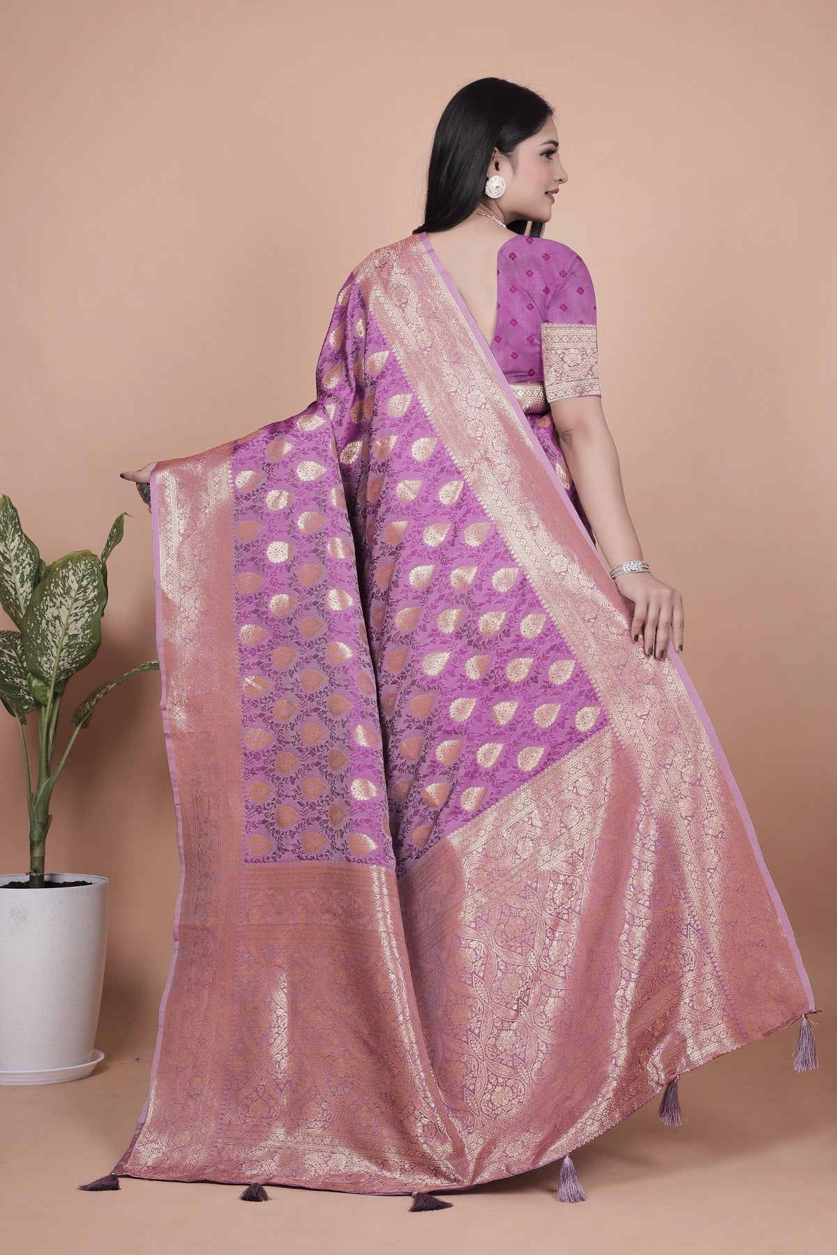 Purple Banarasi Silk Saree with Golden Zari Work & Tassel Border