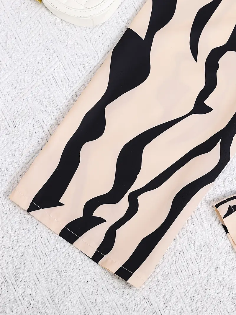 Girls Black Crop Top with Beige & Black Printed Wide Pants