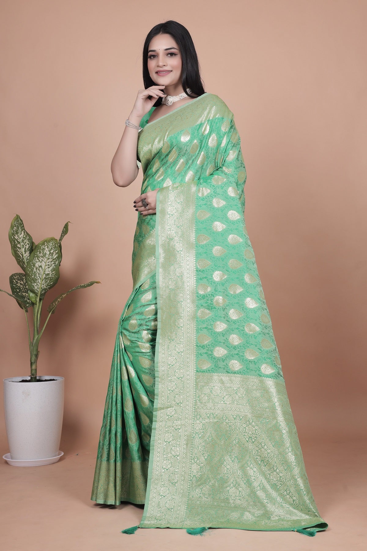 Elegant Green Banarasi Silk Saree with Golden Zari Work & Tassel Border