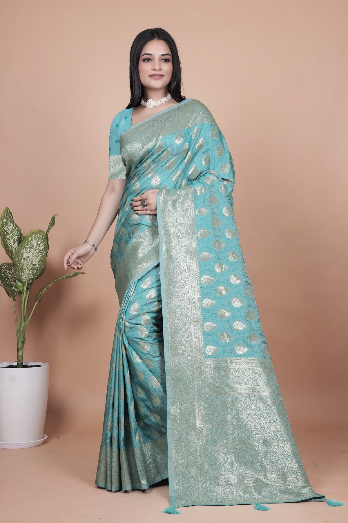 Classic Aqua Green Banarasi Silk Saree with Golden Zari and Peacock Motif