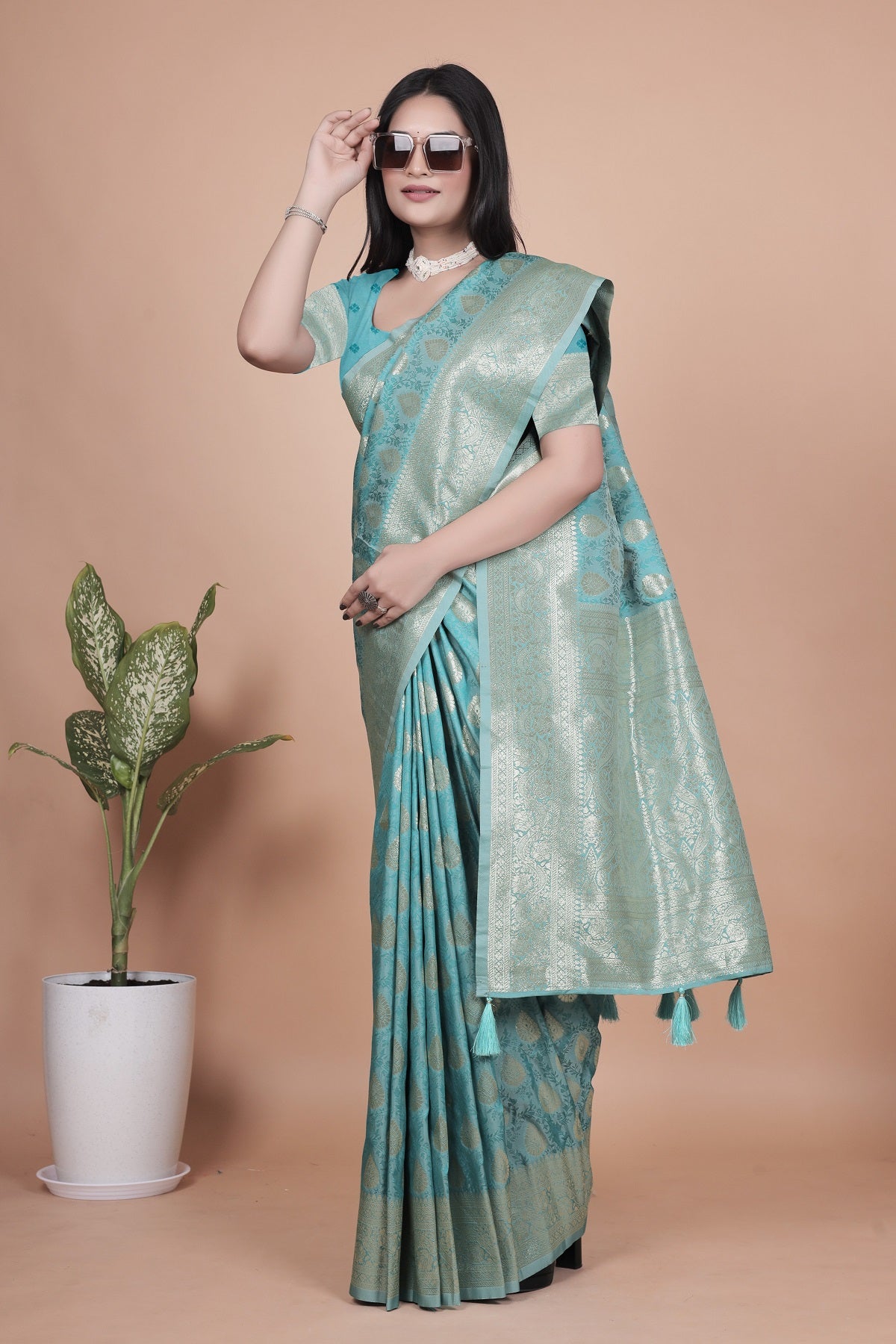 Classic Aqua Green Banarasi Silk Saree with Golden Zari and Peacock Motif