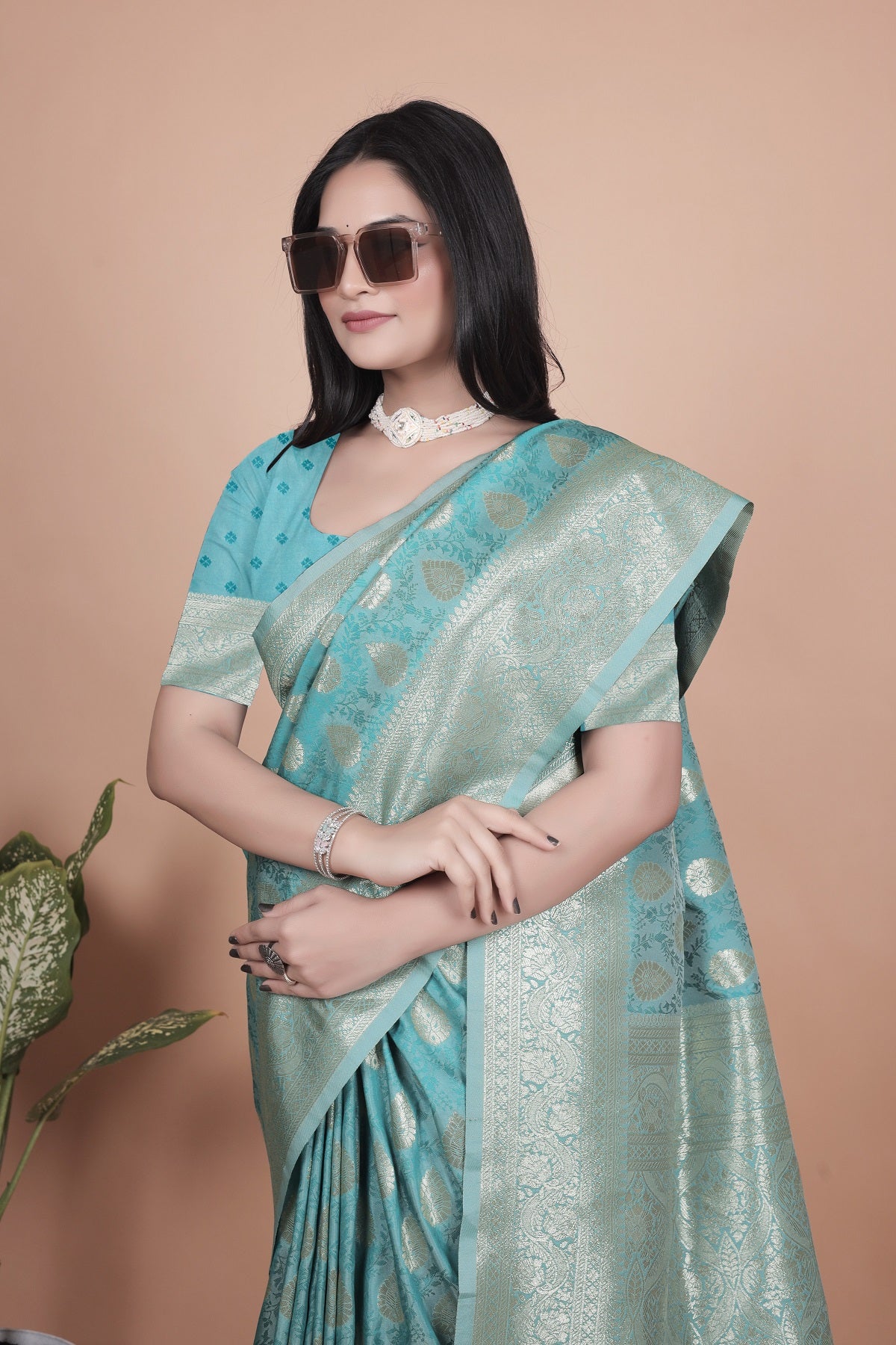 Classic Aqua Green Banarasi Silk Saree with Golden Zari and Peacock Motif