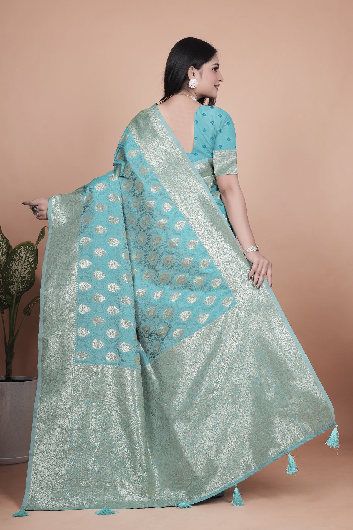 Classic Aqua Green Banarasi Silk Saree with Golden Zari and Peacock Motif