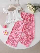 Girls White Ruffle Top with Pink Floral Print Pants Set