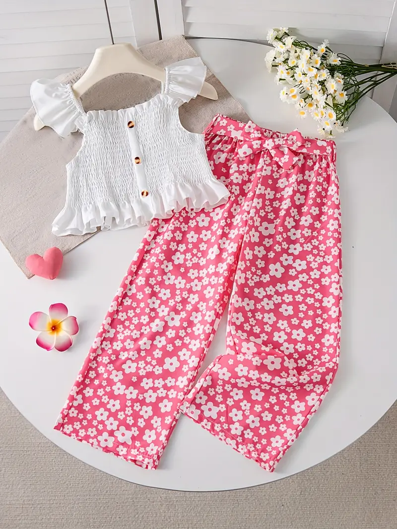 Girls White Ruffle Top with Pink Floral Print Pants Set