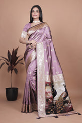 Traditional Lilac Silk Saree with Intricate Golden Border and Peacock Embroidery