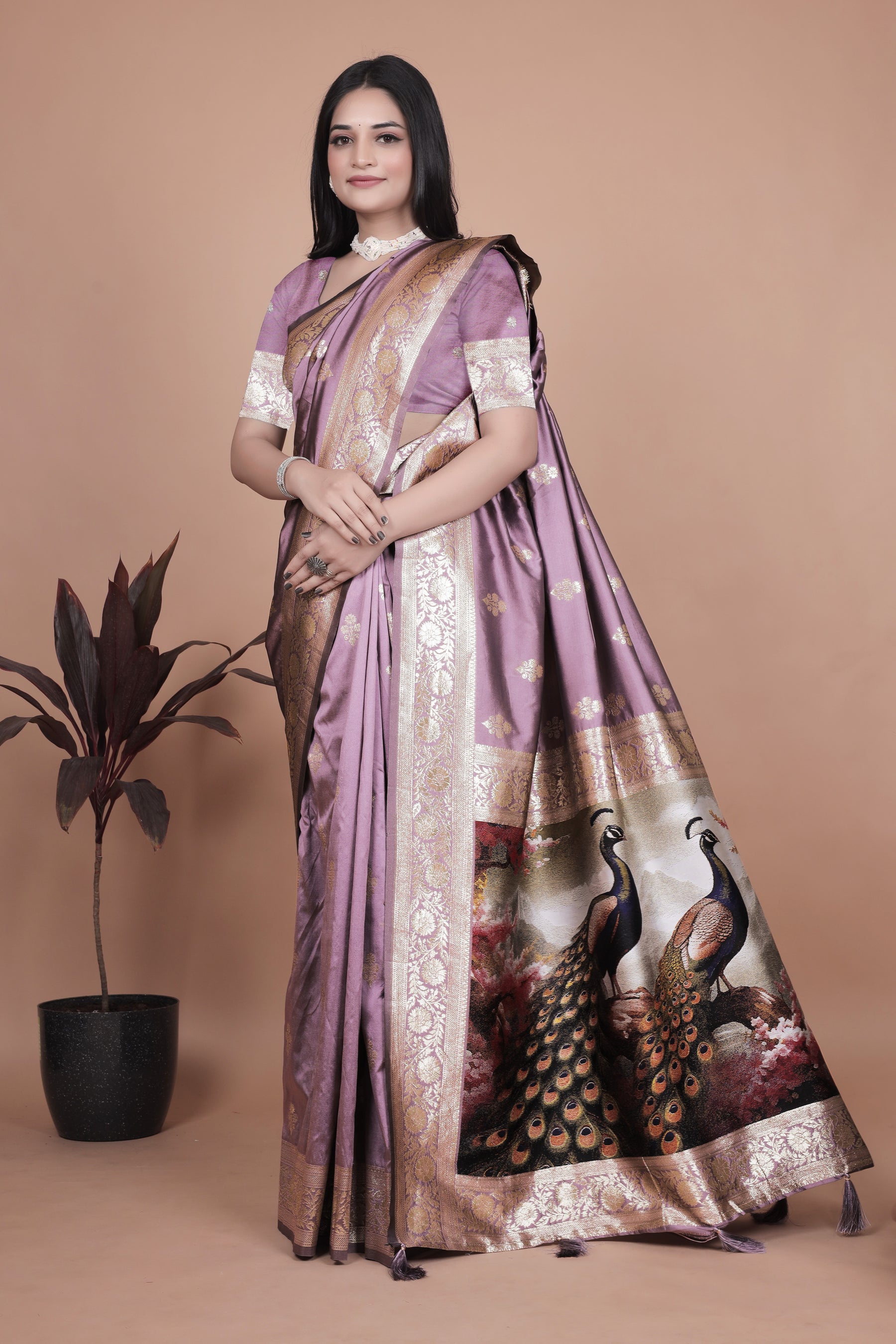 Traditional Lilac Silk Saree with Intricate Golden Border and Peacock Embroidery