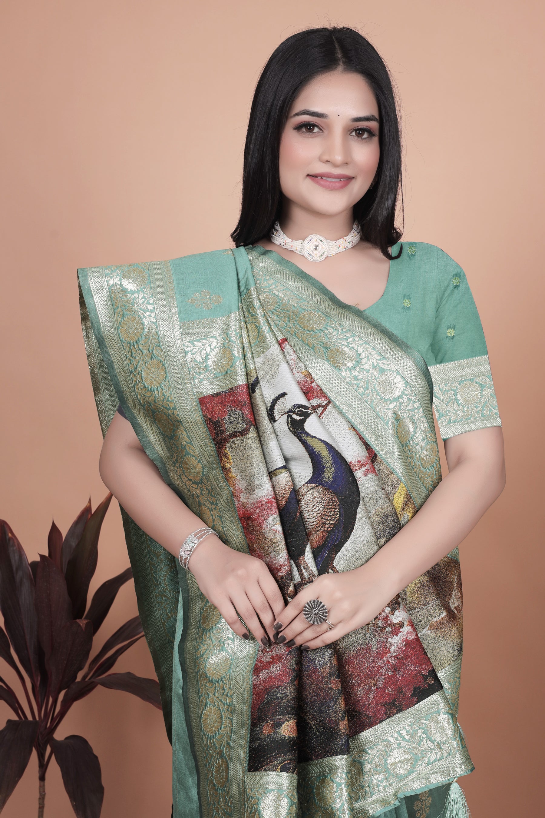Premium Green Banarasi Saree with Embroidered Peacock Motif