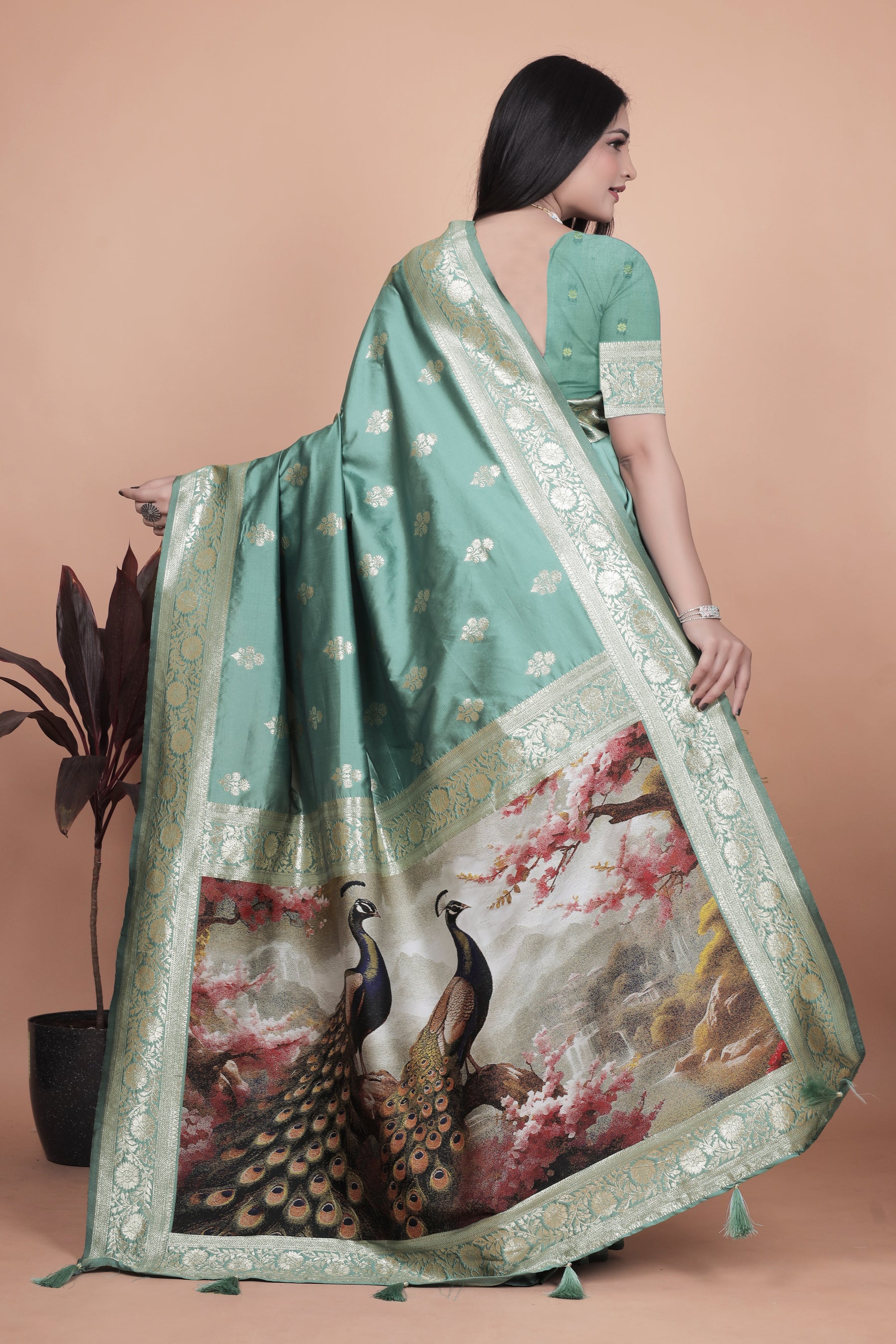 Premium Green Banarasi Saree with Embroidered Peacock Motif