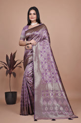 Purple Banarasi Silk Saree with Traditional Zari Work & Tassel Detailing – Ideal for Weddings, Parties, and Festive Occasions