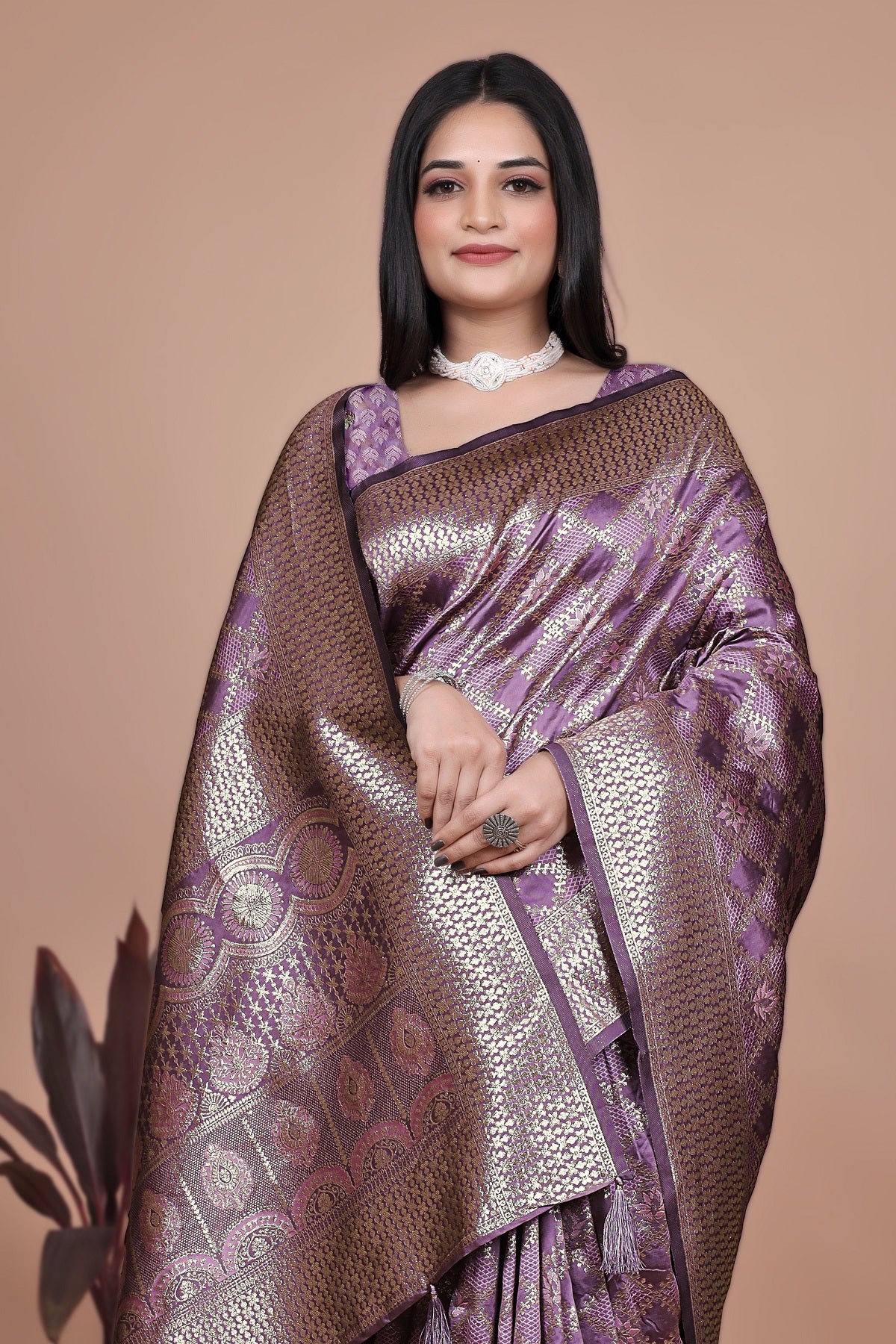 Purple Banarasi Silk Saree with Traditional Zari Work & Tassel Detailing – Ideal for Weddings, Parties, and Festive Occasions