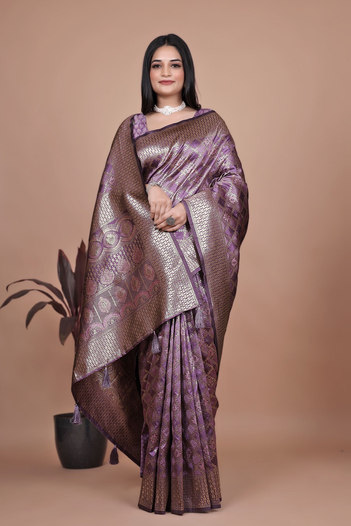 Purple Banarasi Silk Saree with Traditional Zari Work & Tassel Detailing – Ideal for Weddings, Parties, and Festive Occasions