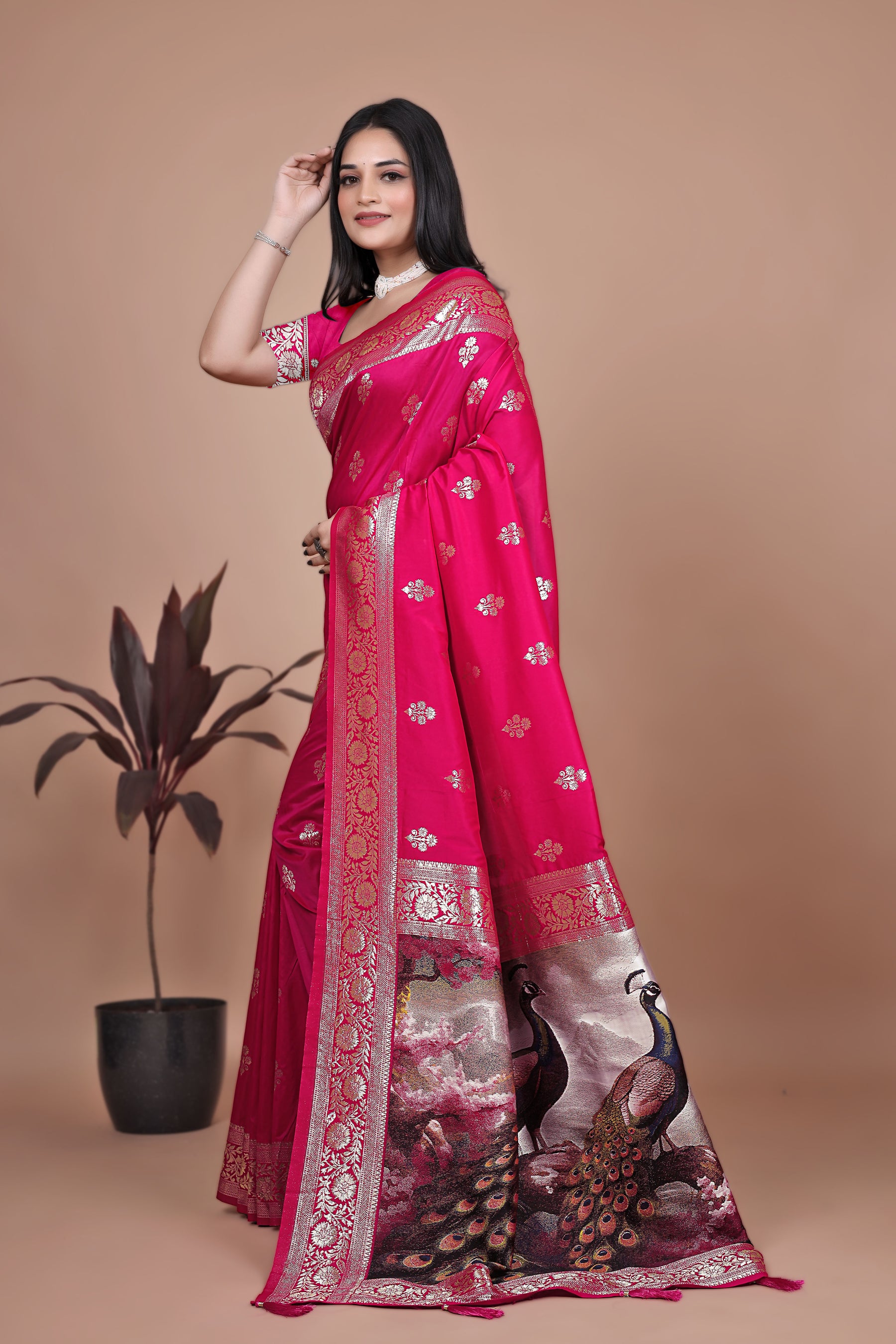 Premium Pink Banarasi Silk Saree with Peacock Artwork and Silver Border