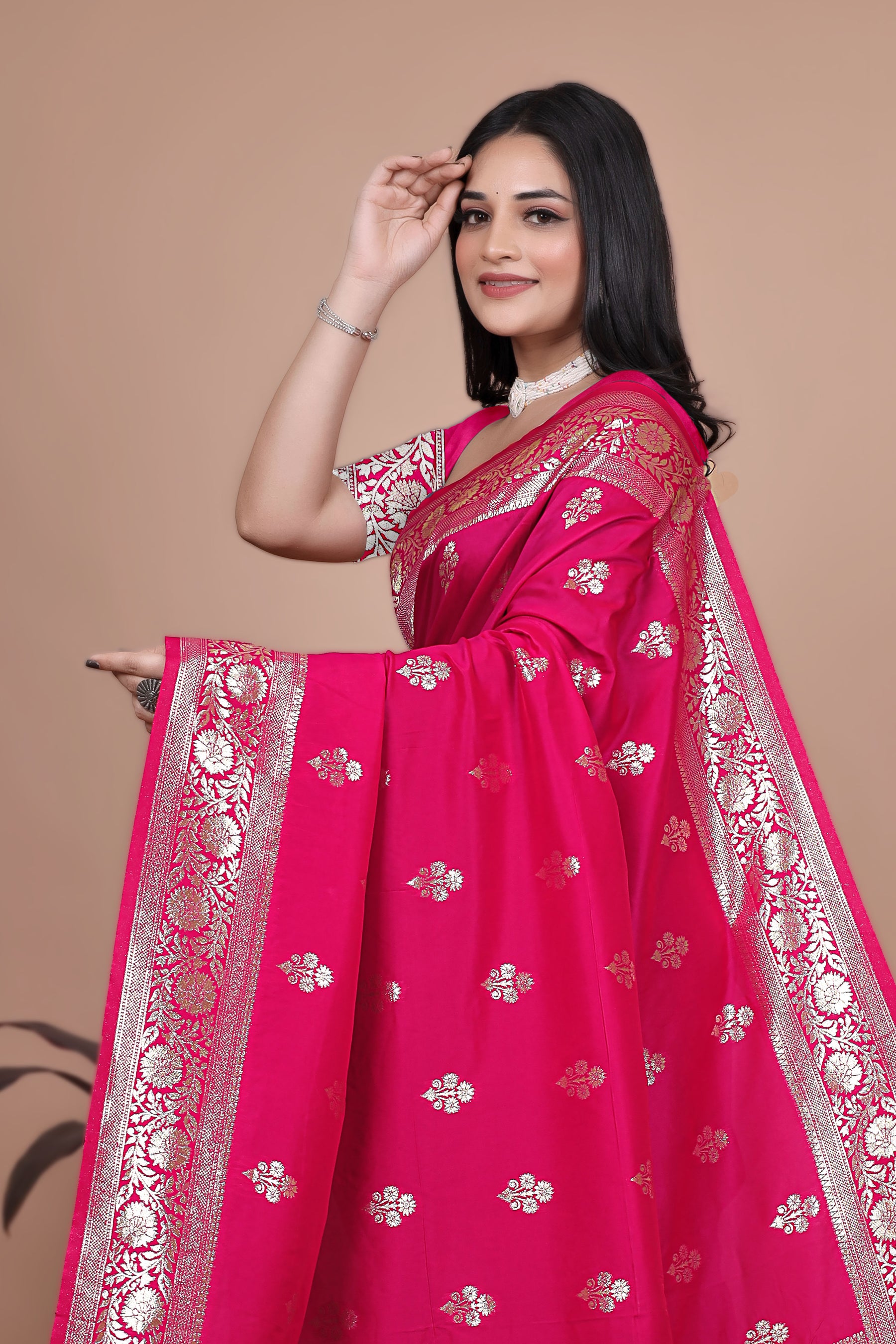 Premium Pink Banarasi Silk Saree with Peacock Artwork and Silver Border