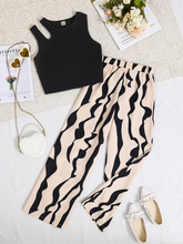 Girls Black Crop Top with Beige & Black Printed Wide Pants