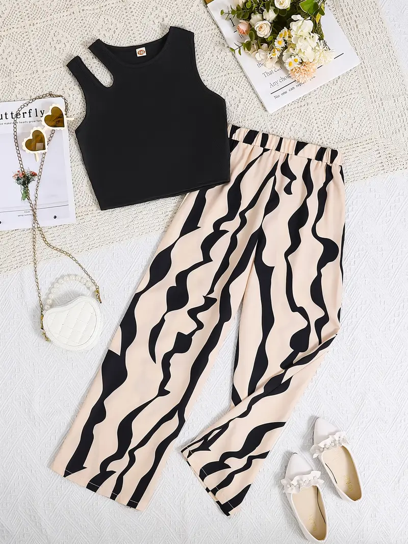Girls Black Crop Top with Beige & Black Printed Wide Pants