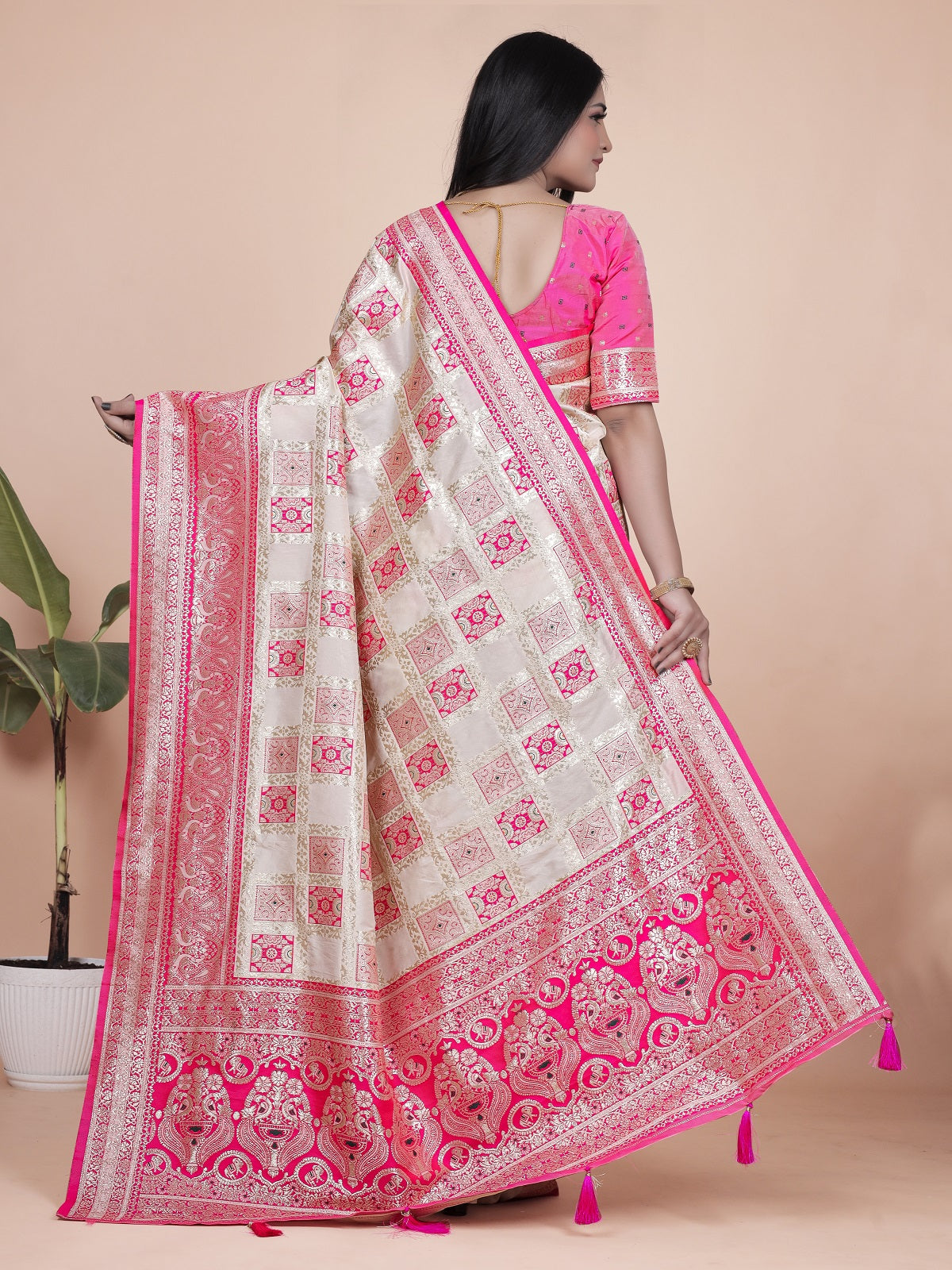 Graceful Pink and White Saree with Silver Zari Embroidery for Festive Occasions