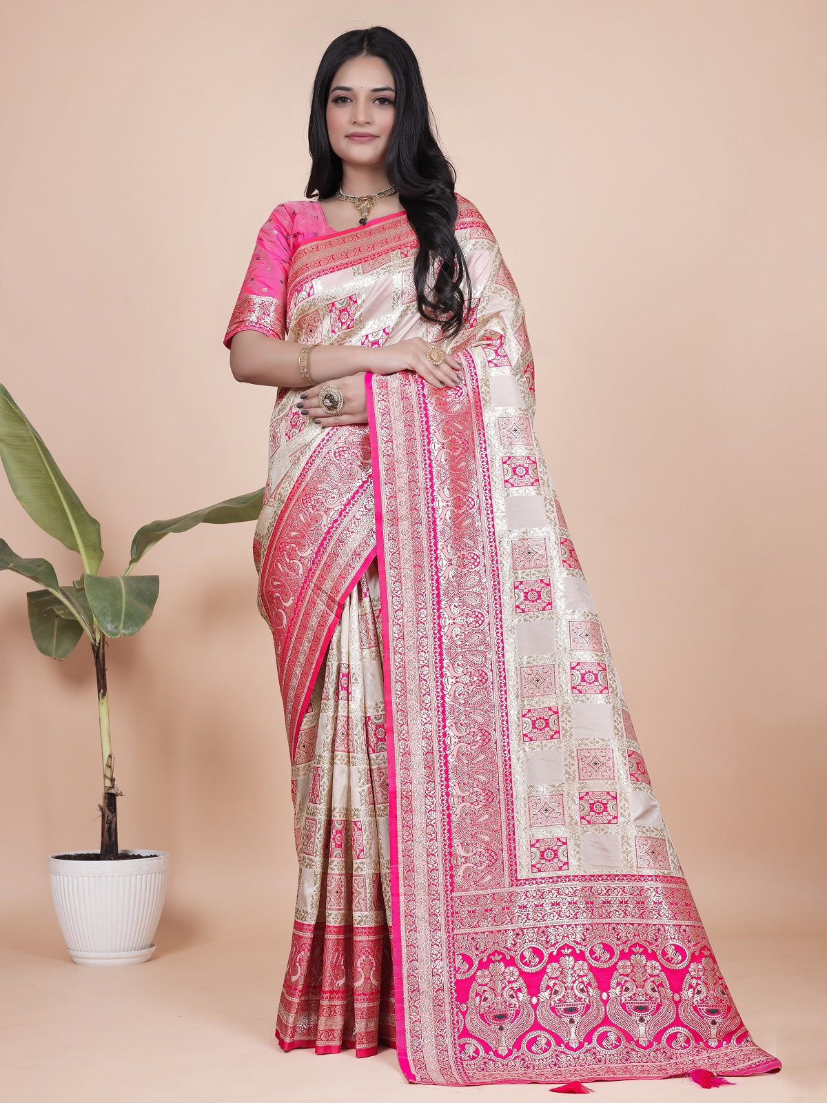 Graceful Pink and White Saree with Silver Zari Embroidery for Festive Occasions