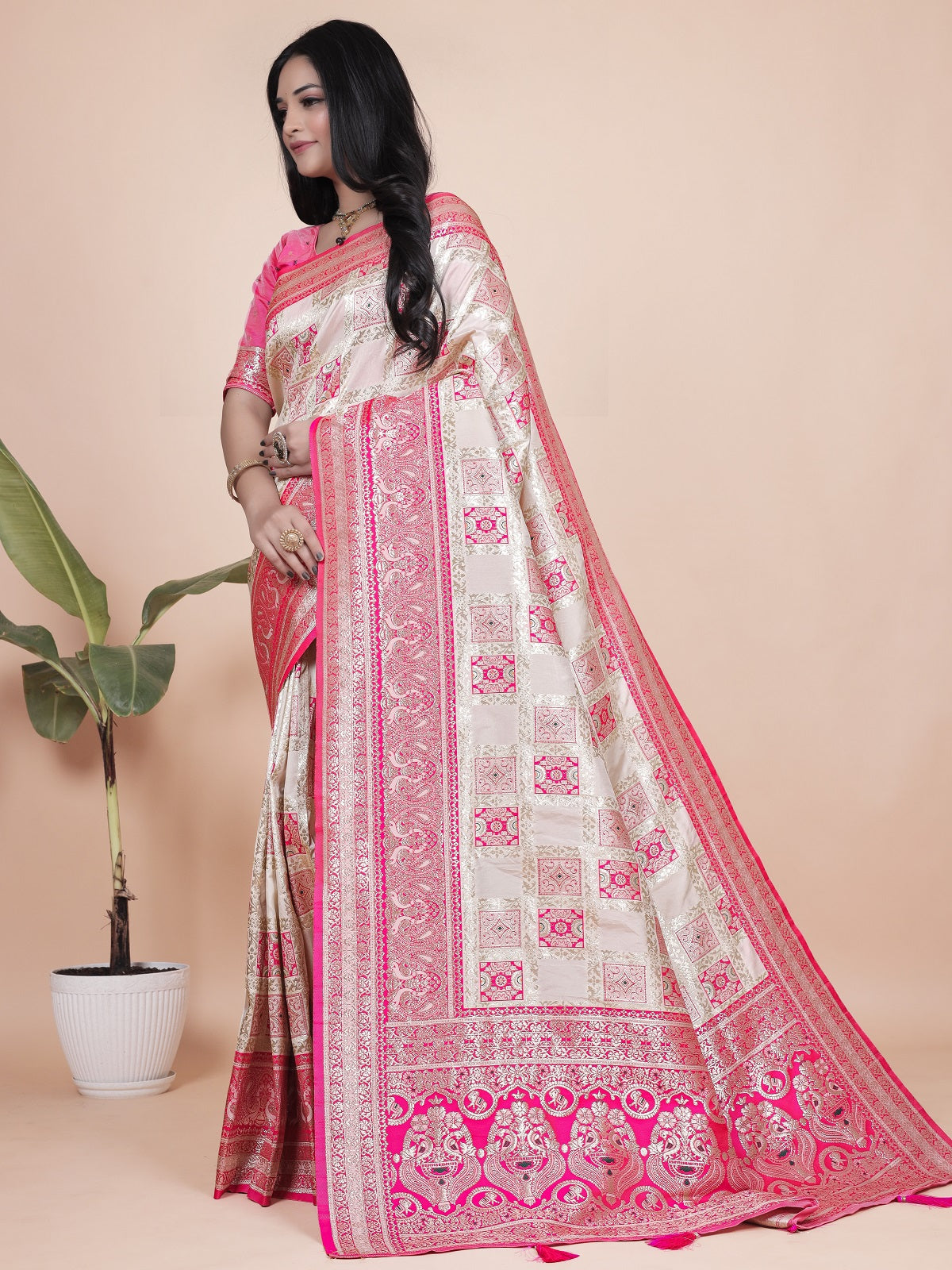 Graceful Pink and White Saree with Silver Zari Embroidery for Festive Occasions