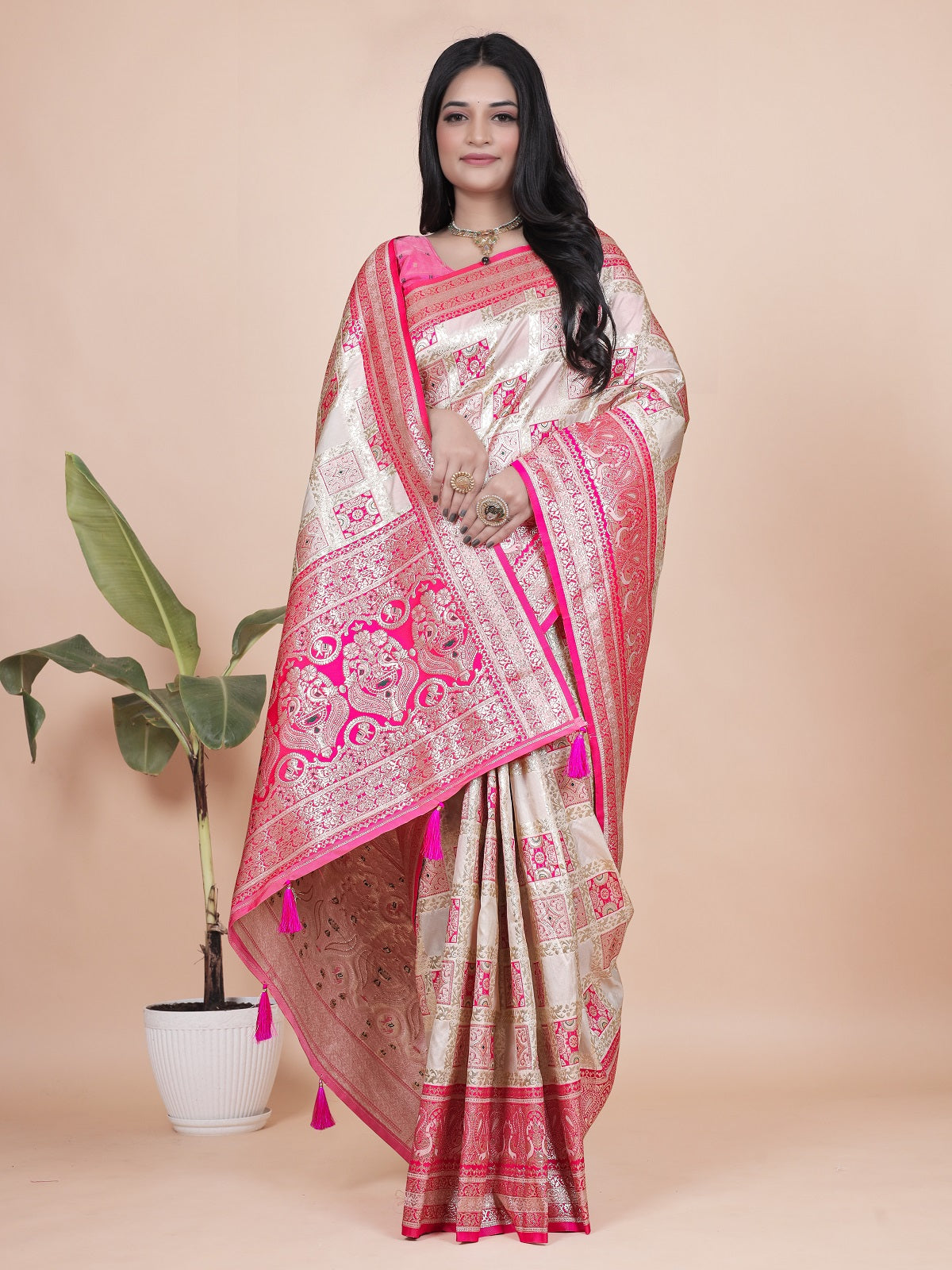 Graceful Pink and White Saree with Silver Zari Embroidery for Festive Occasions