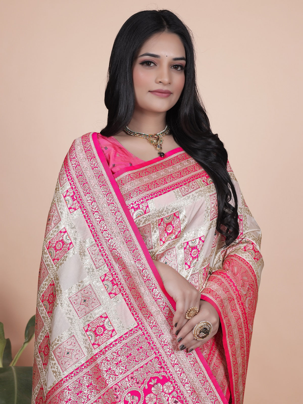 Graceful Pink and White Saree with Silver Zari Embroidery for Festive Occasions