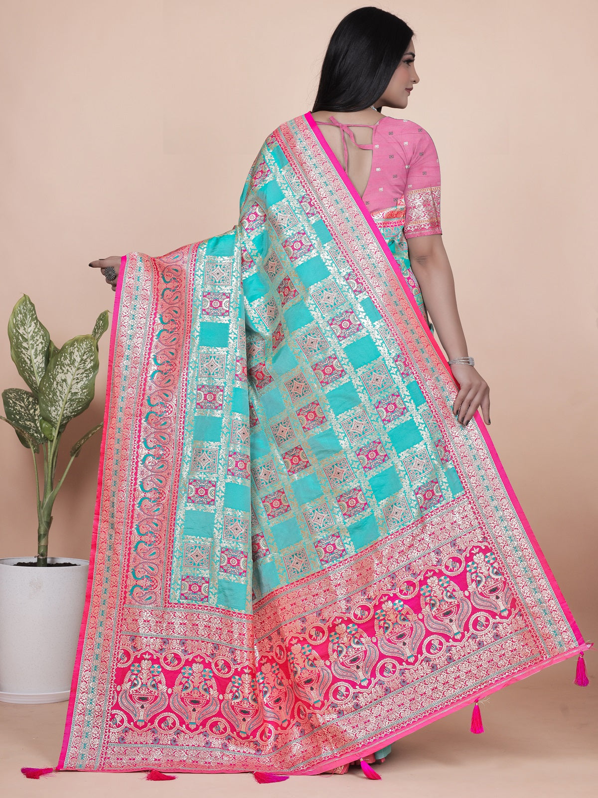 Premium Aqua and Pink Banarasi Silk Saree with Zari Embroidery