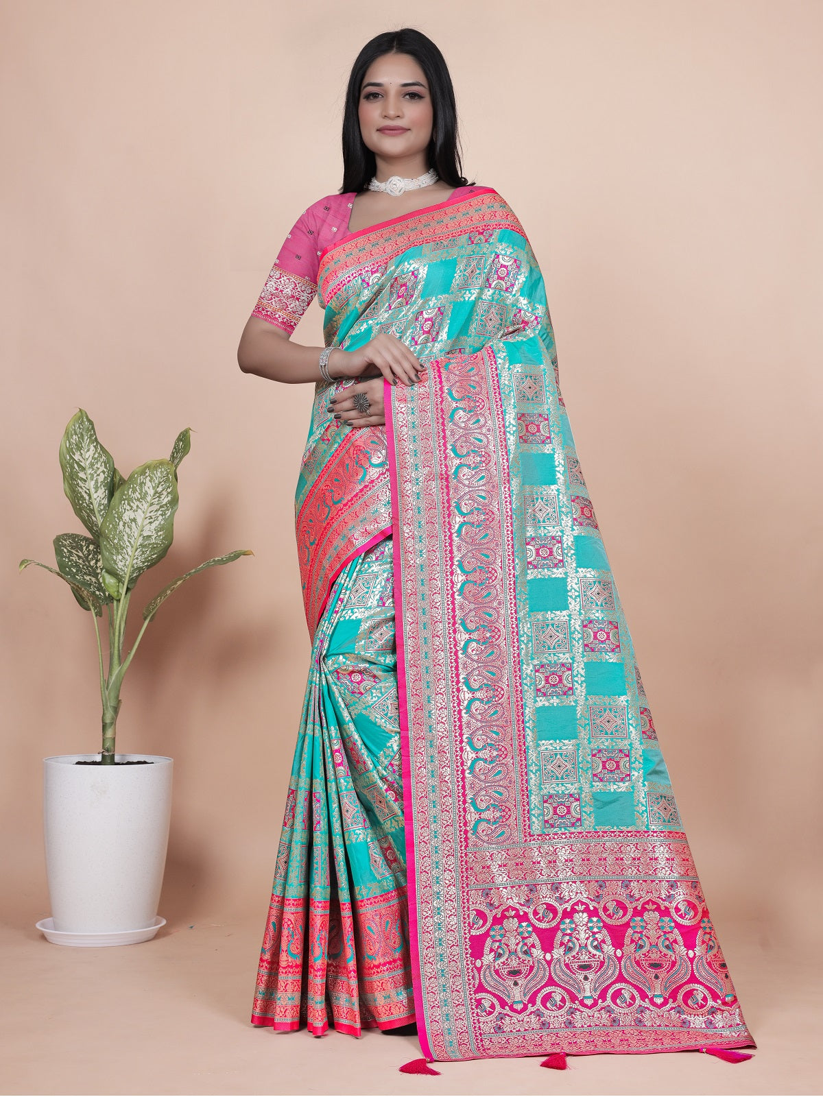 Premium Aqua and Pink Banarasi Silk Saree with Zari Embroidery
