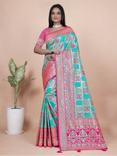 Premium Aqua and Pink Banarasi Silk Saree with Zari Embroidery