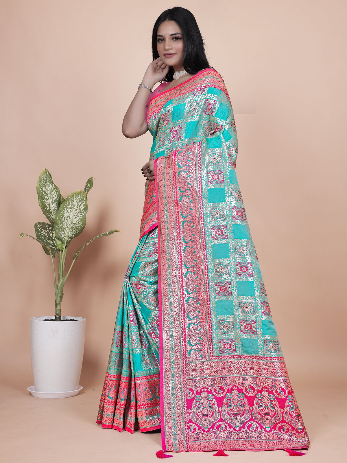 Premium Aqua and Pink Banarasi Silk Saree with Zari Embroidery