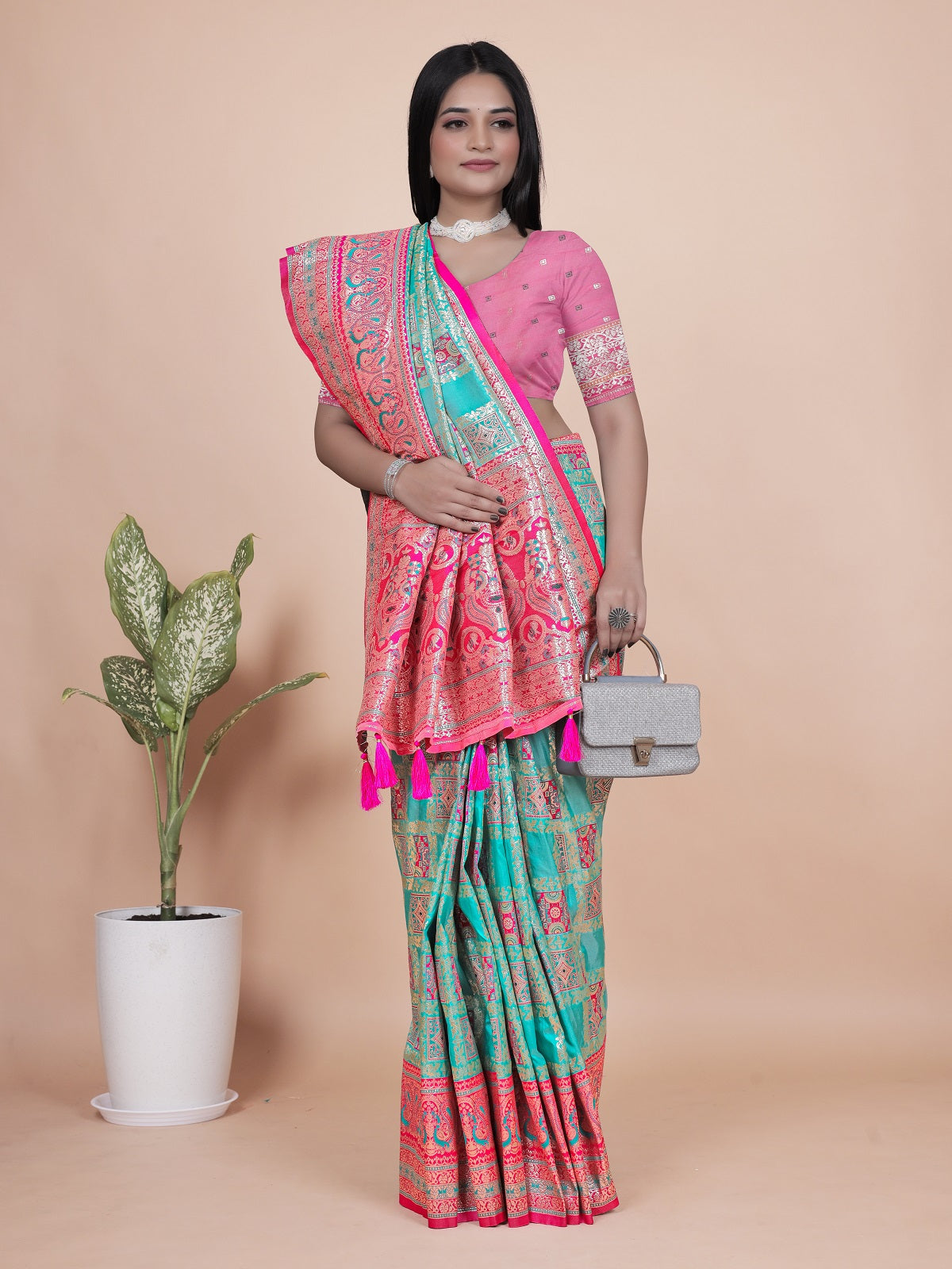 Premium Aqua and Pink Banarasi Silk Saree with Zari Embroidery