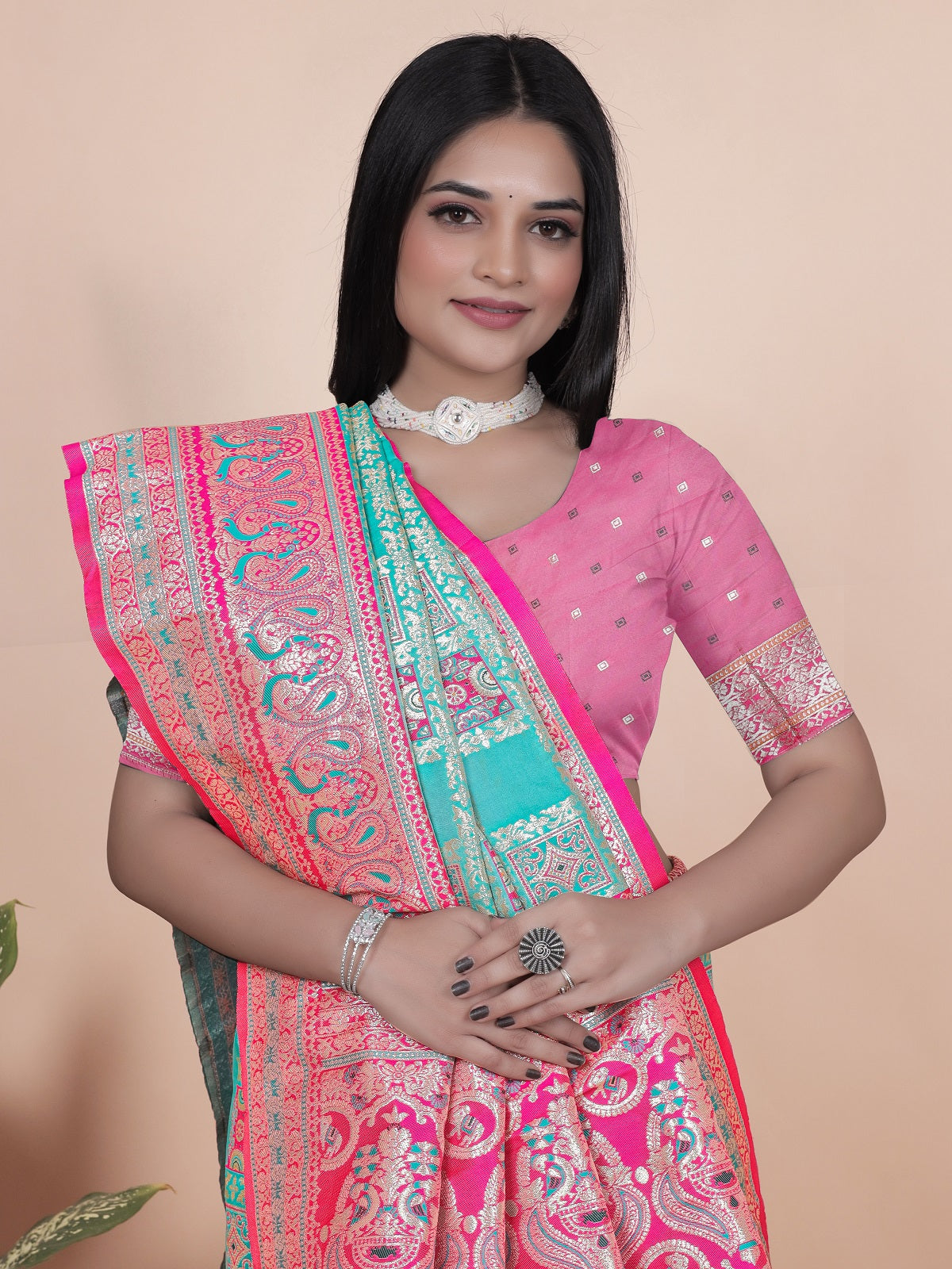 Premium Aqua and Pink Banarasi Silk Saree with Zari Embroidery