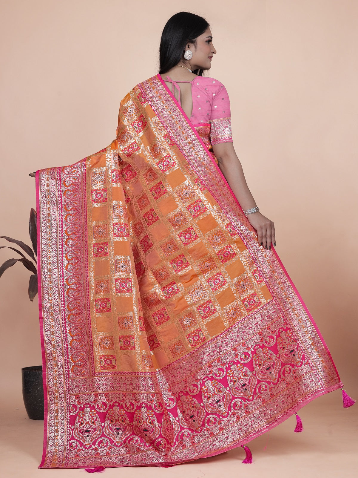 Royal Orange and Pink Silk Saree with Detailed Zari Work for Weddings
