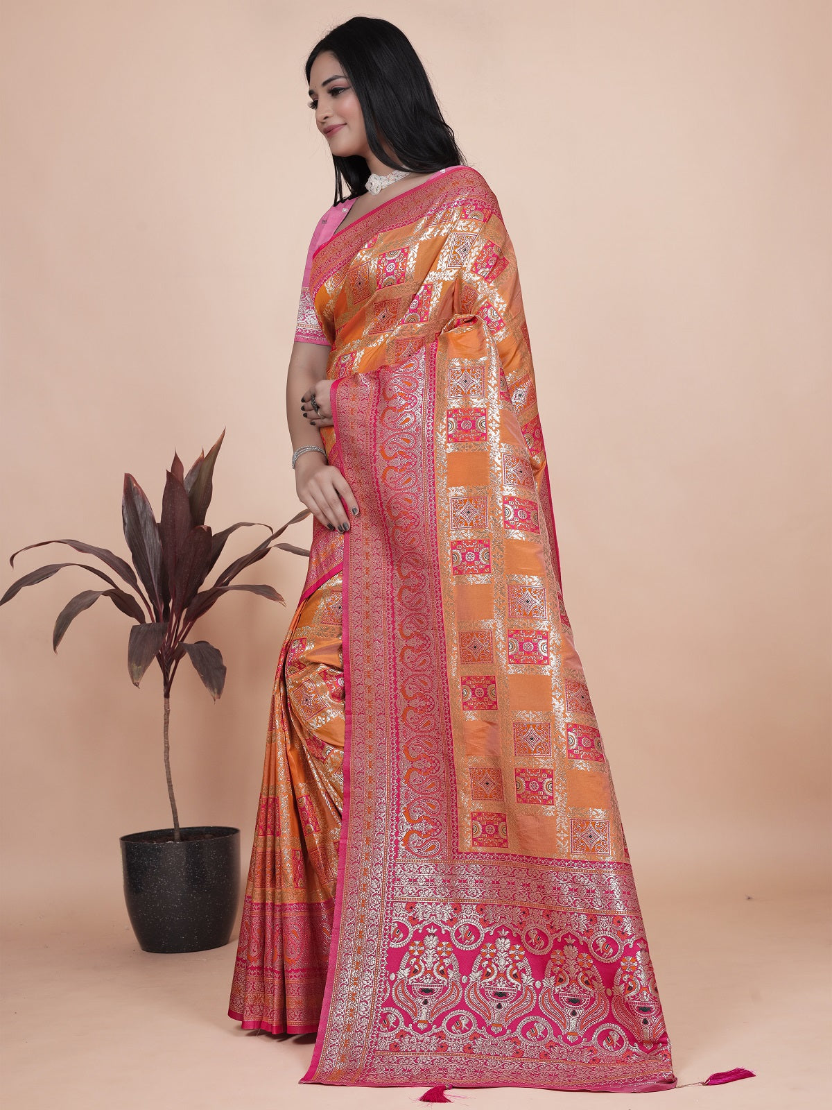 Royal Orange and Pink Silk Saree with Detailed Zari Work for Weddings