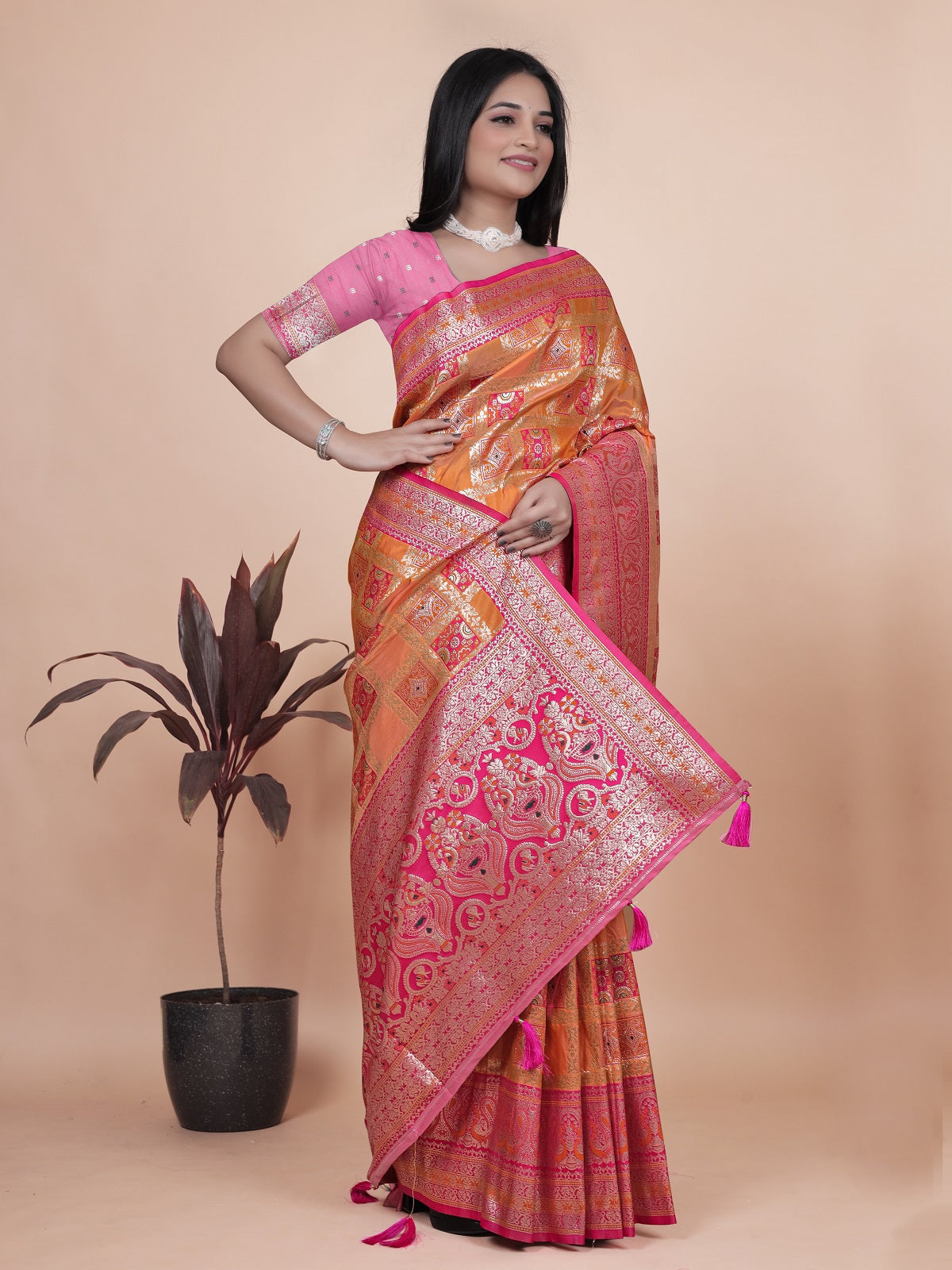 Royal Orange and Pink Silk Saree with Detailed Zari Work for Weddings