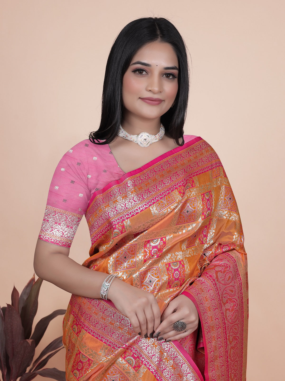 Royal Orange and Pink Silk Saree with Detailed Zari Work for Weddings