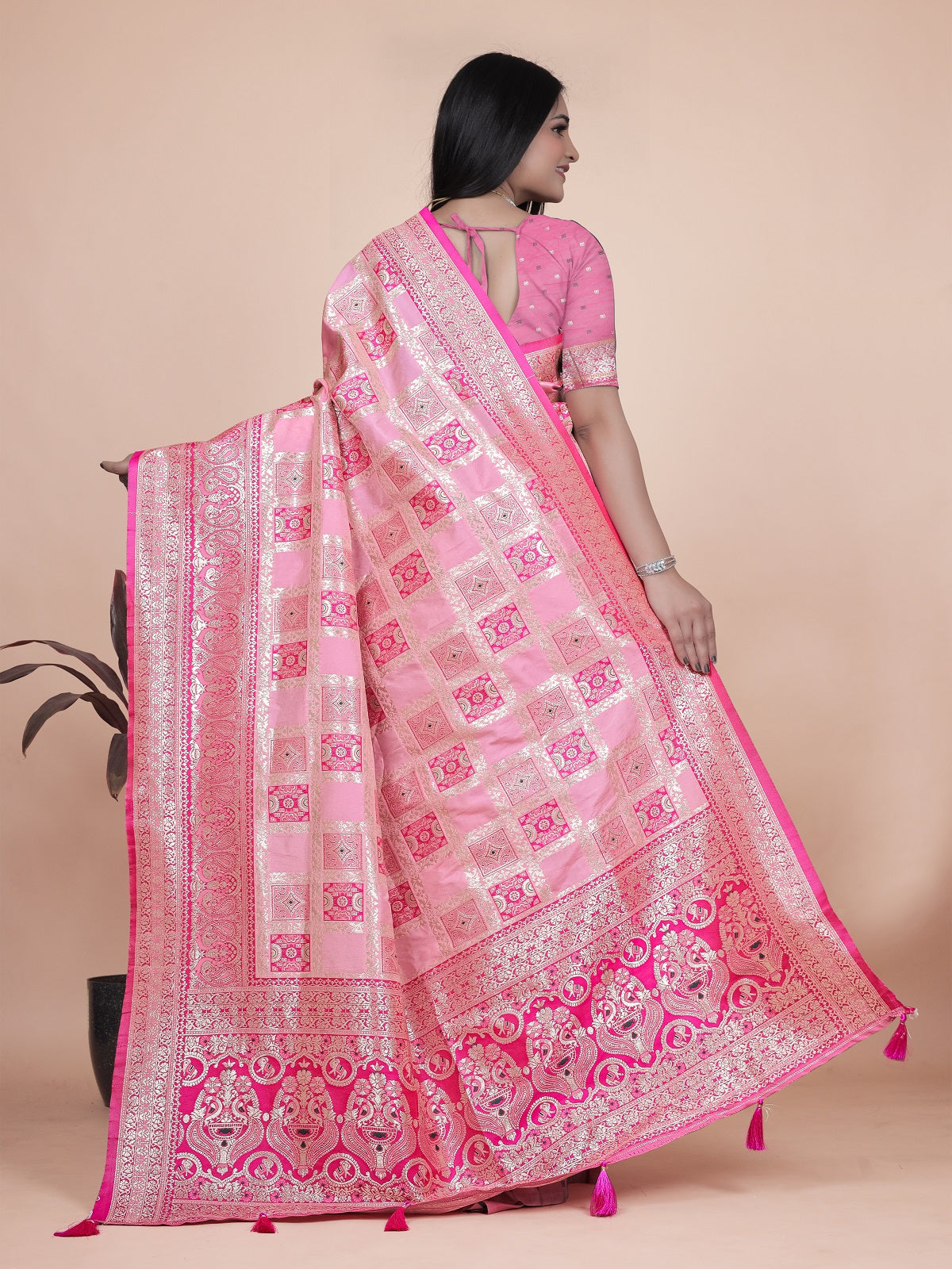 Luxurious Pink Silk Saree with Floral Zari Embroidery for Special Occasions