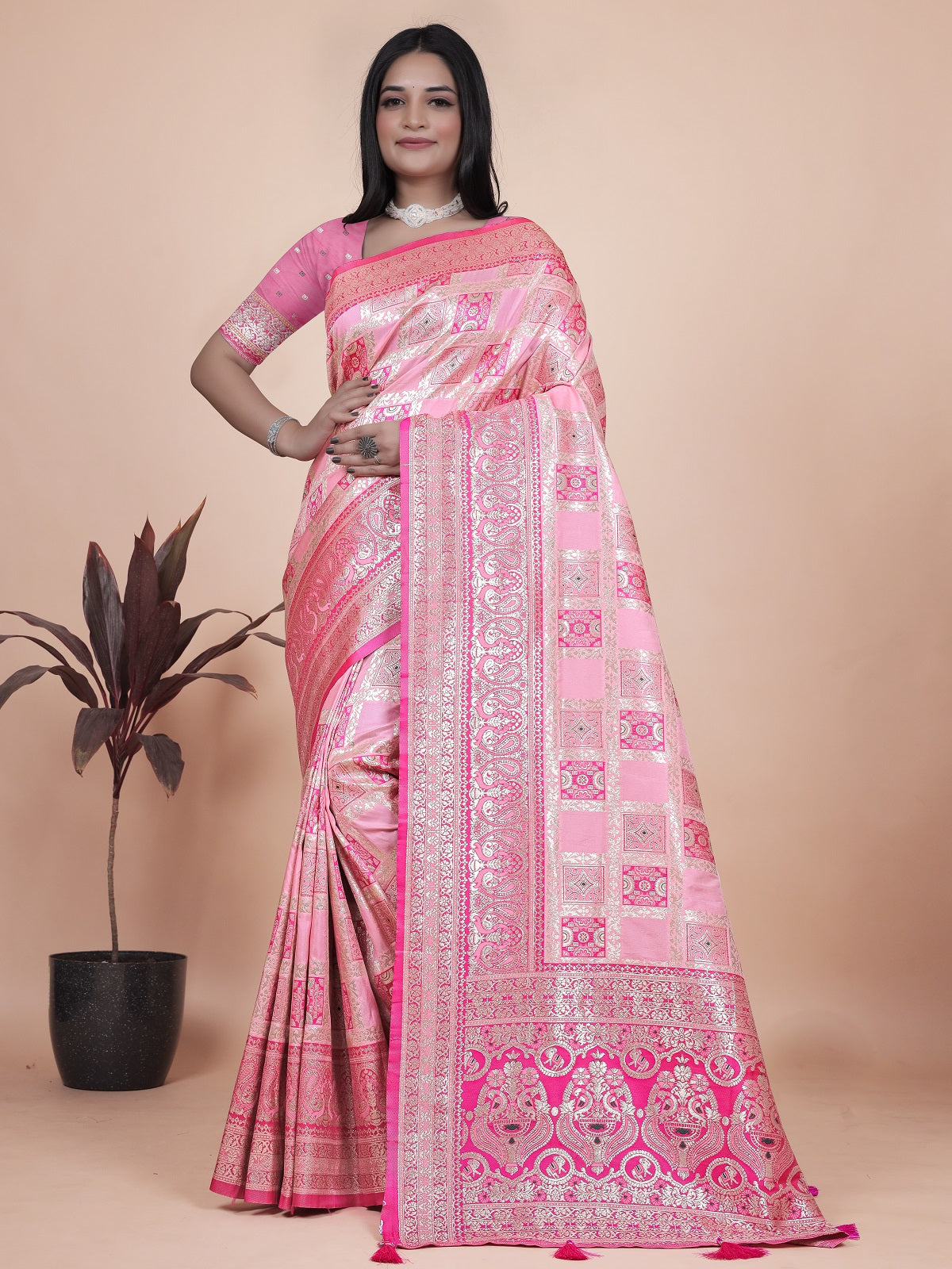 Luxurious Pink Silk Saree with Floral Zari Embroidery for Special Occasions