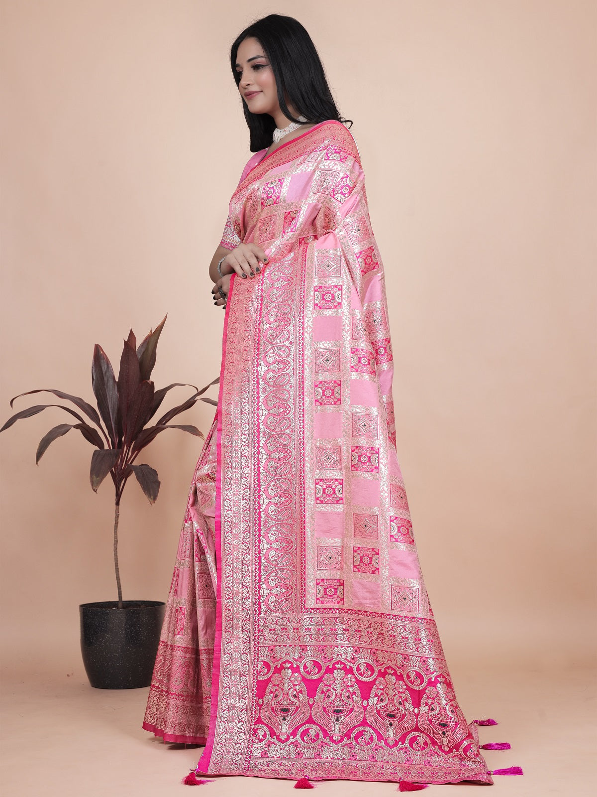 Luxurious Pink Silk Saree with Floral Zari Embroidery for Special Occasions