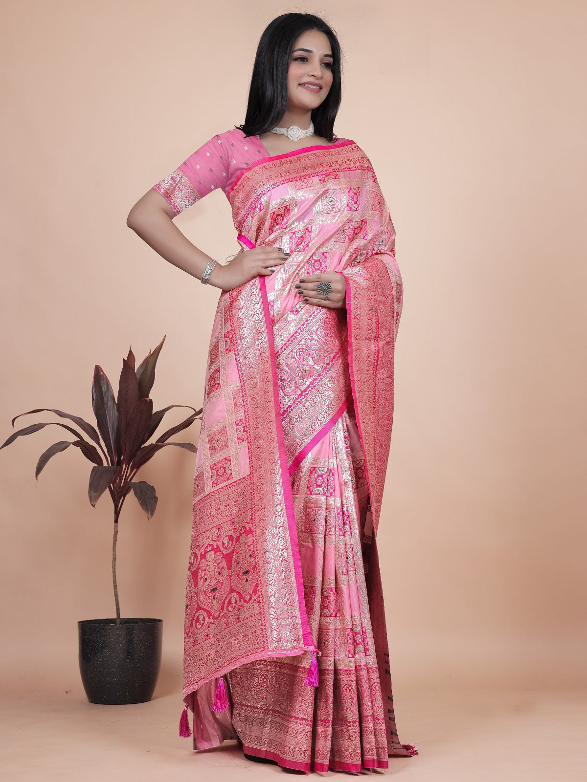 Luxurious Pink Silk Saree with Floral Zari Embroidery for Special Occasions