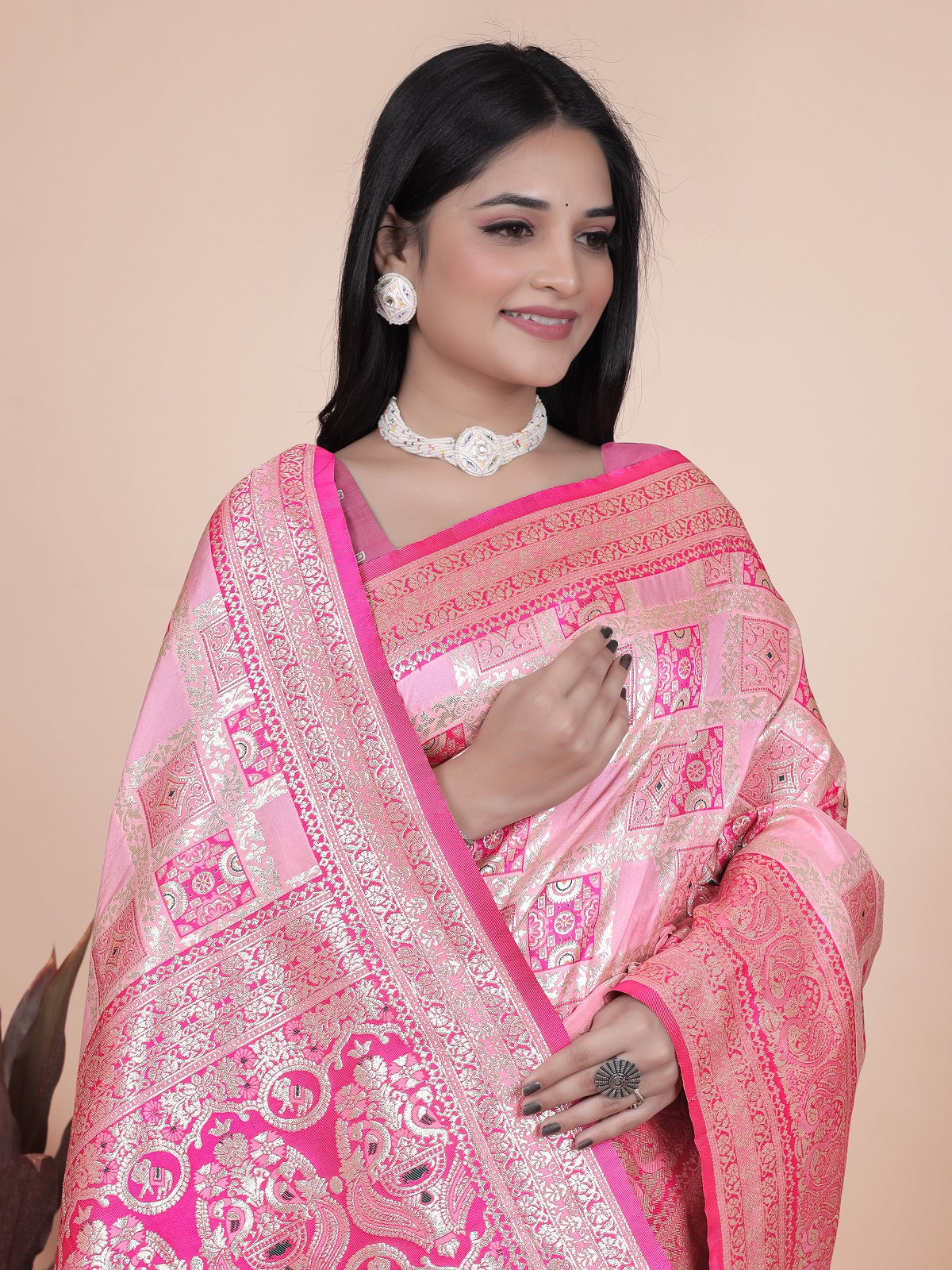 Luxurious Pink Silk Saree with Floral Zari Embroidery for Special Occasions