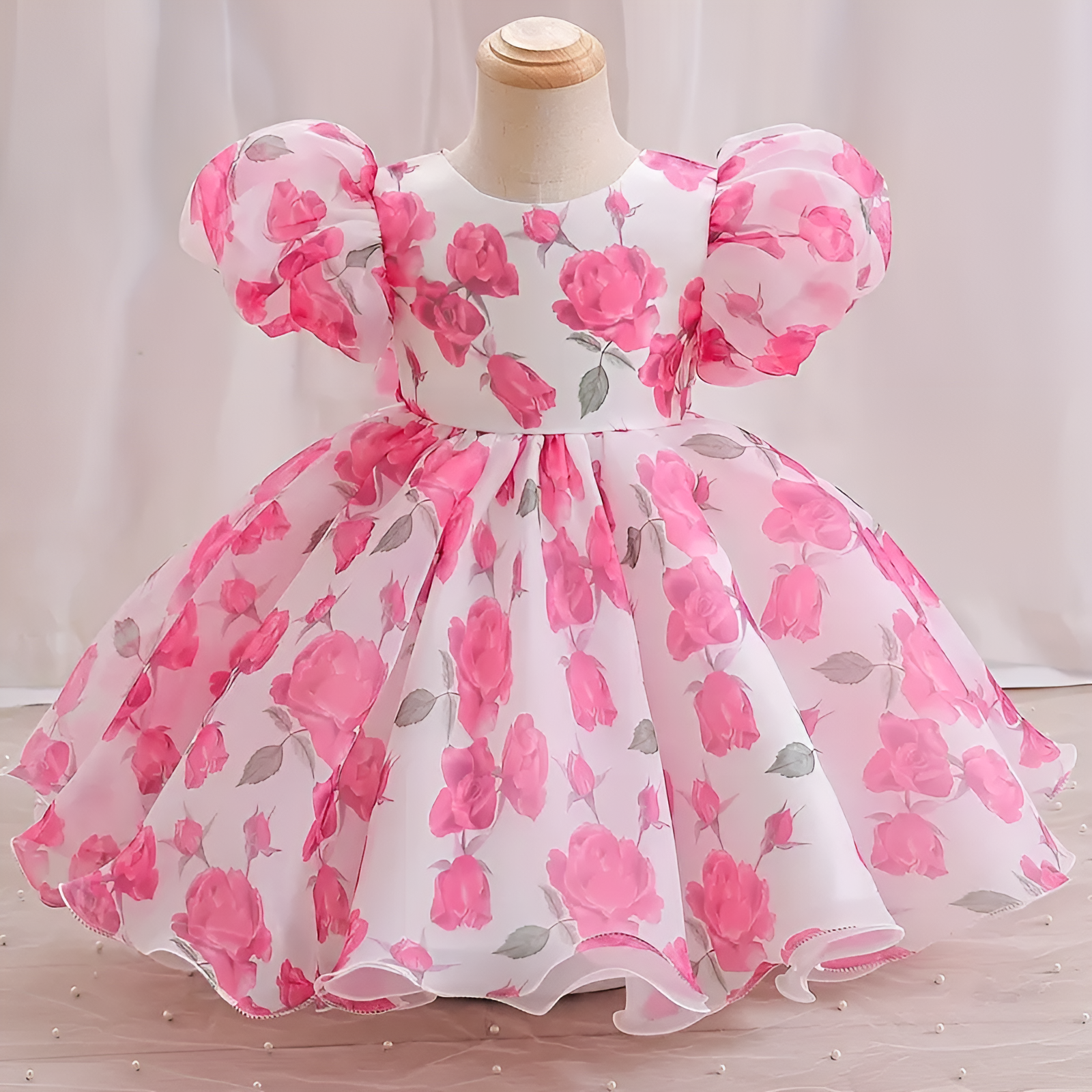 Pink And White Floral Print Puff Sleeve Baby Frock