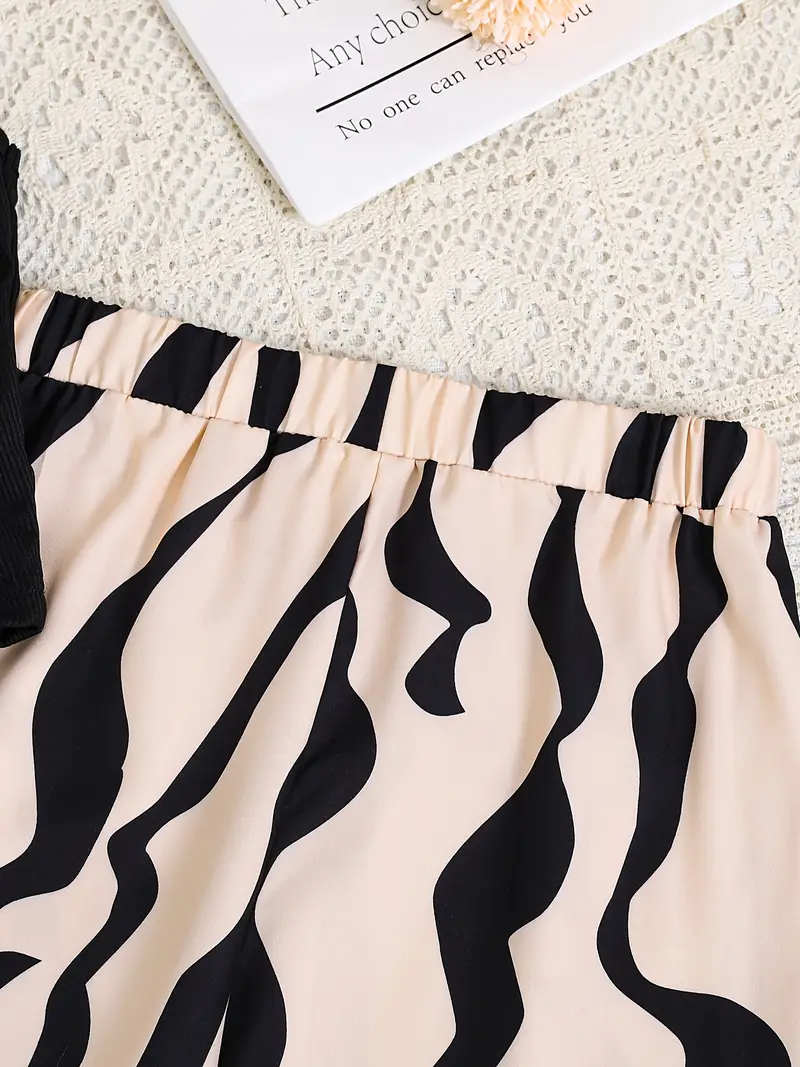 Girls Black Crop Top with Beige & Black Printed Wide Pants