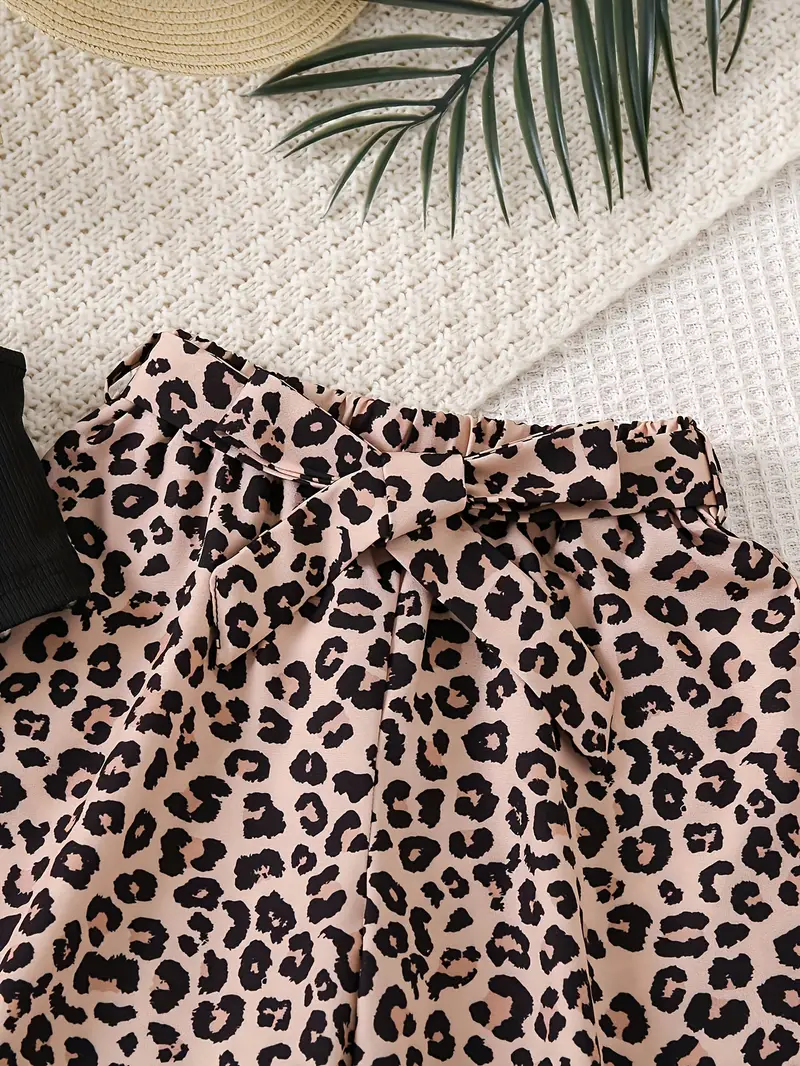 Girls Leopard Print Wrap Skirt & Black Cropped Top Set