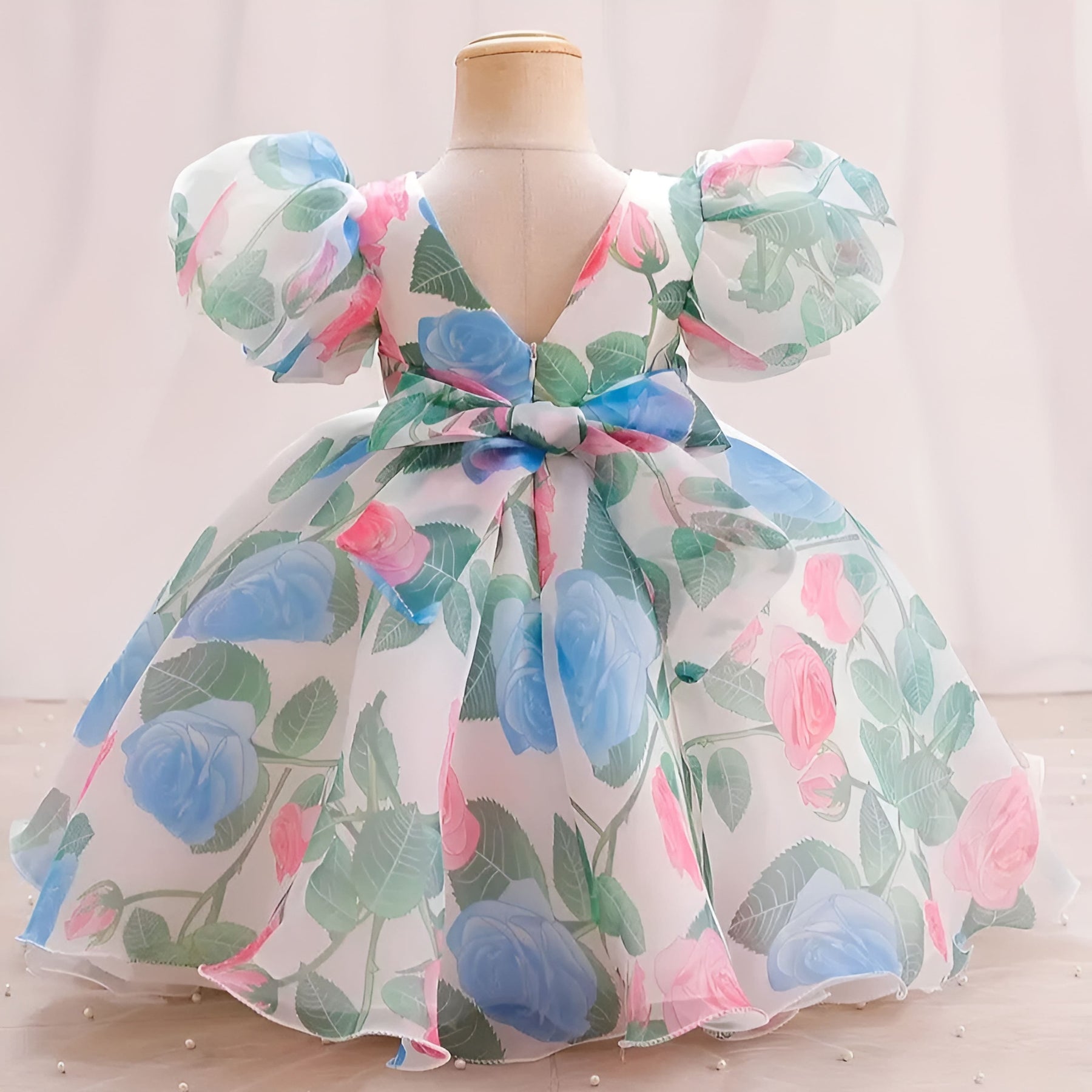 Blue And White Floral Print Puff Sleeve Baby Frock