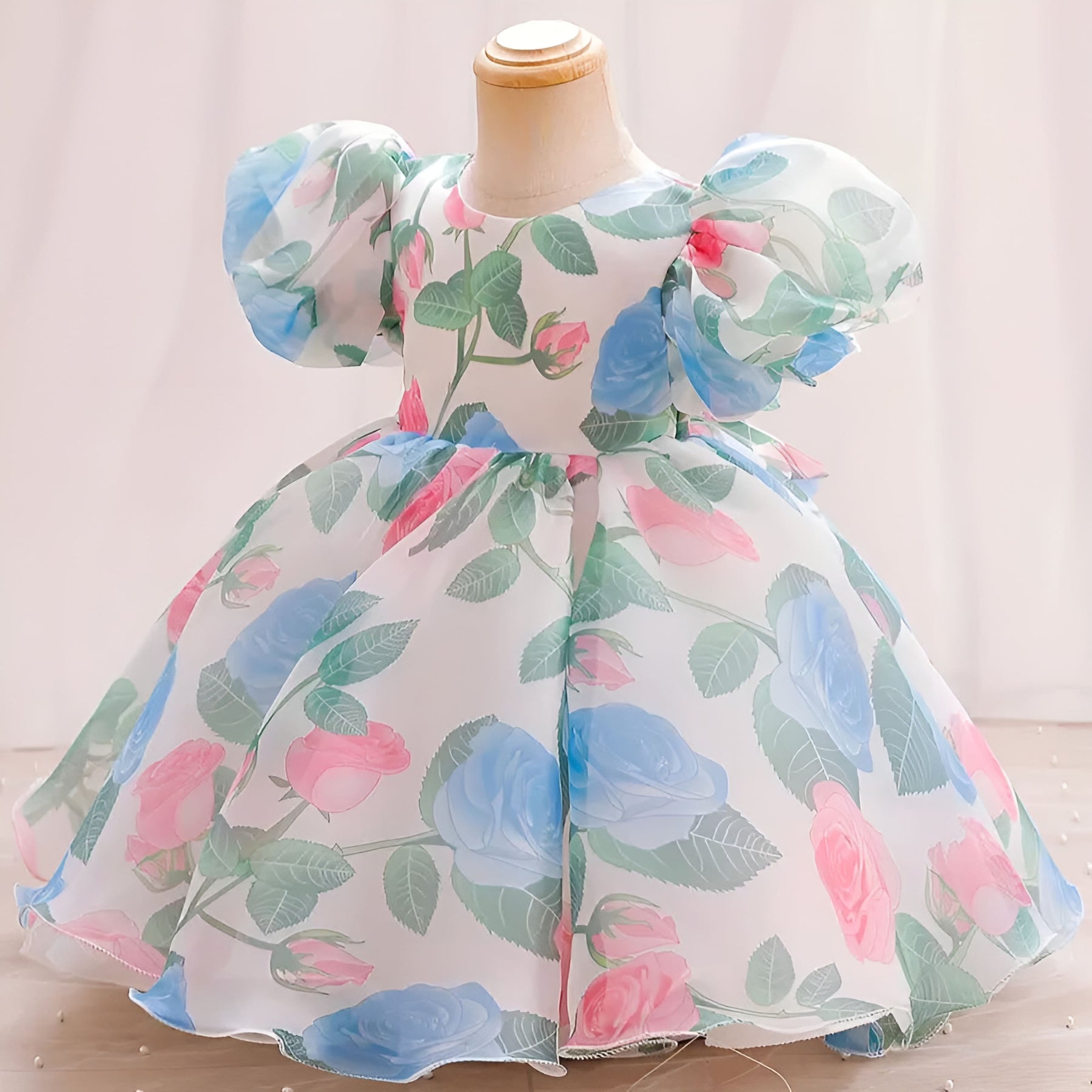 Blue And White Floral Print Puff Sleeve Baby Frock