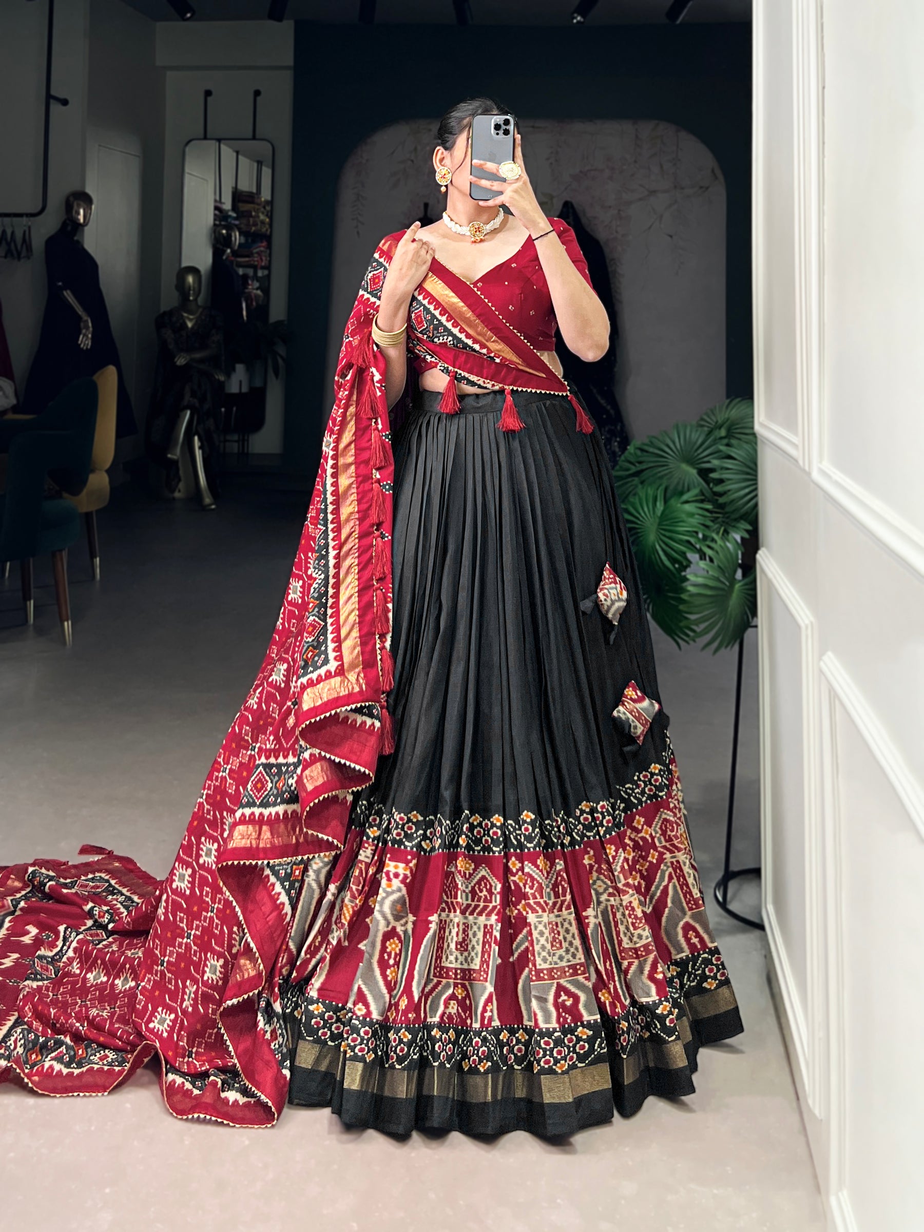 Ethnic Black Maroon Lehenga Choli with Tassels & Patola Print